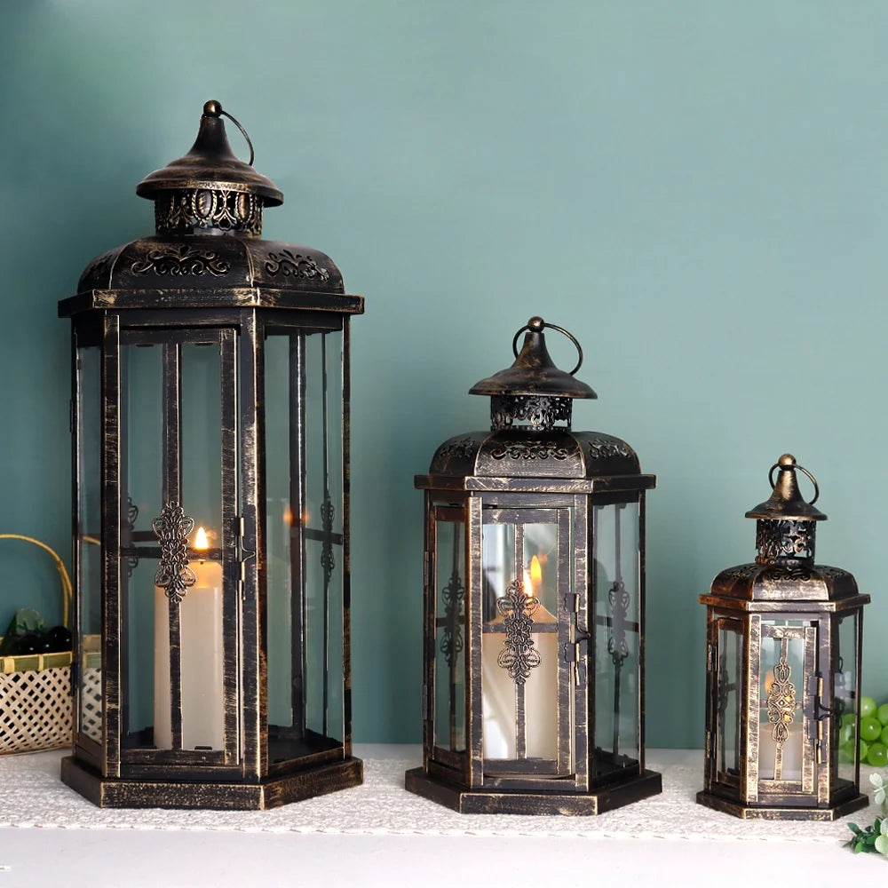 Set of 3-20.5''&14"&10"H Candle Lanterns(Black with Gold Brush) | Decorative Candle Lanterns | Wiccan Center