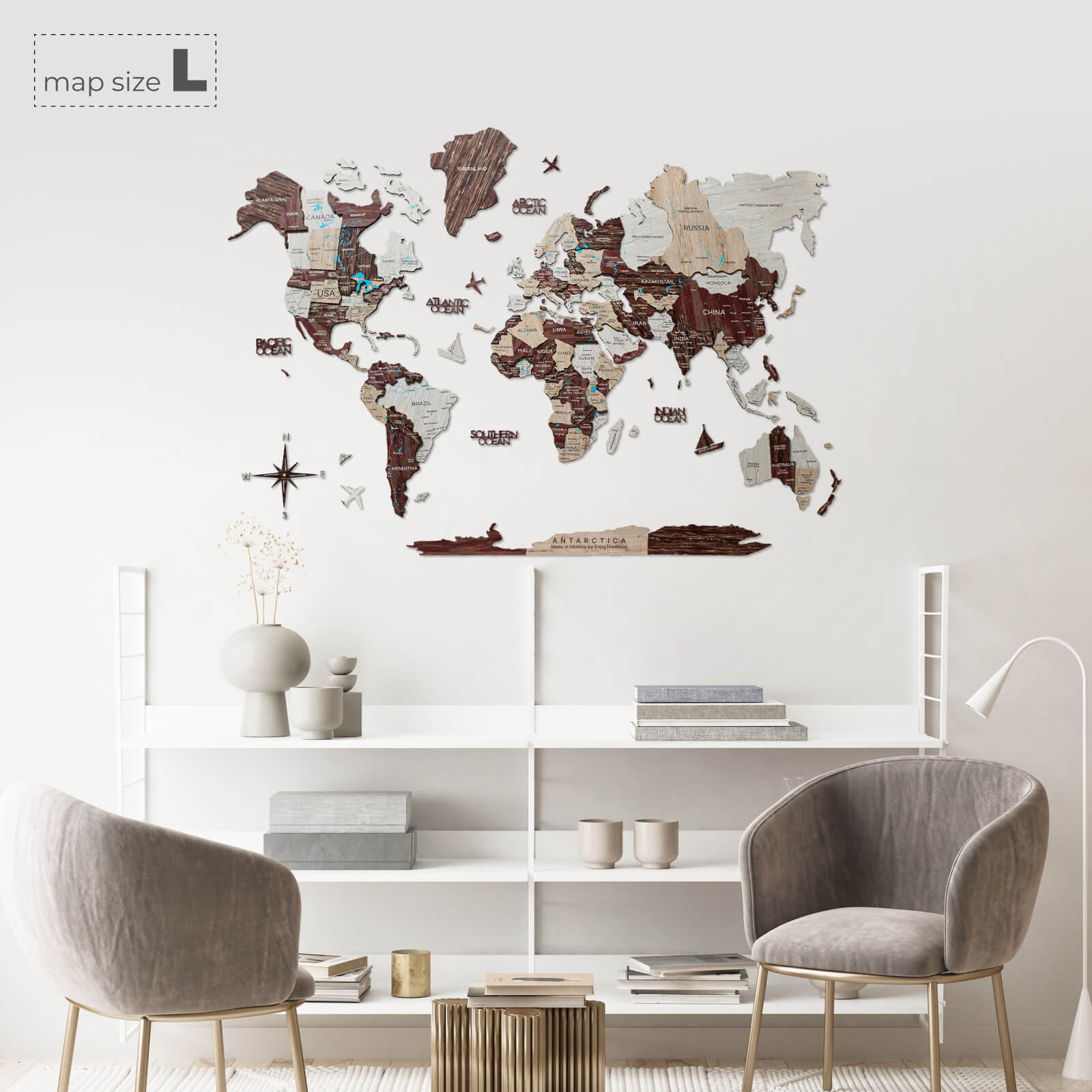 3D Wooden World Map Cappuccino (for US only)