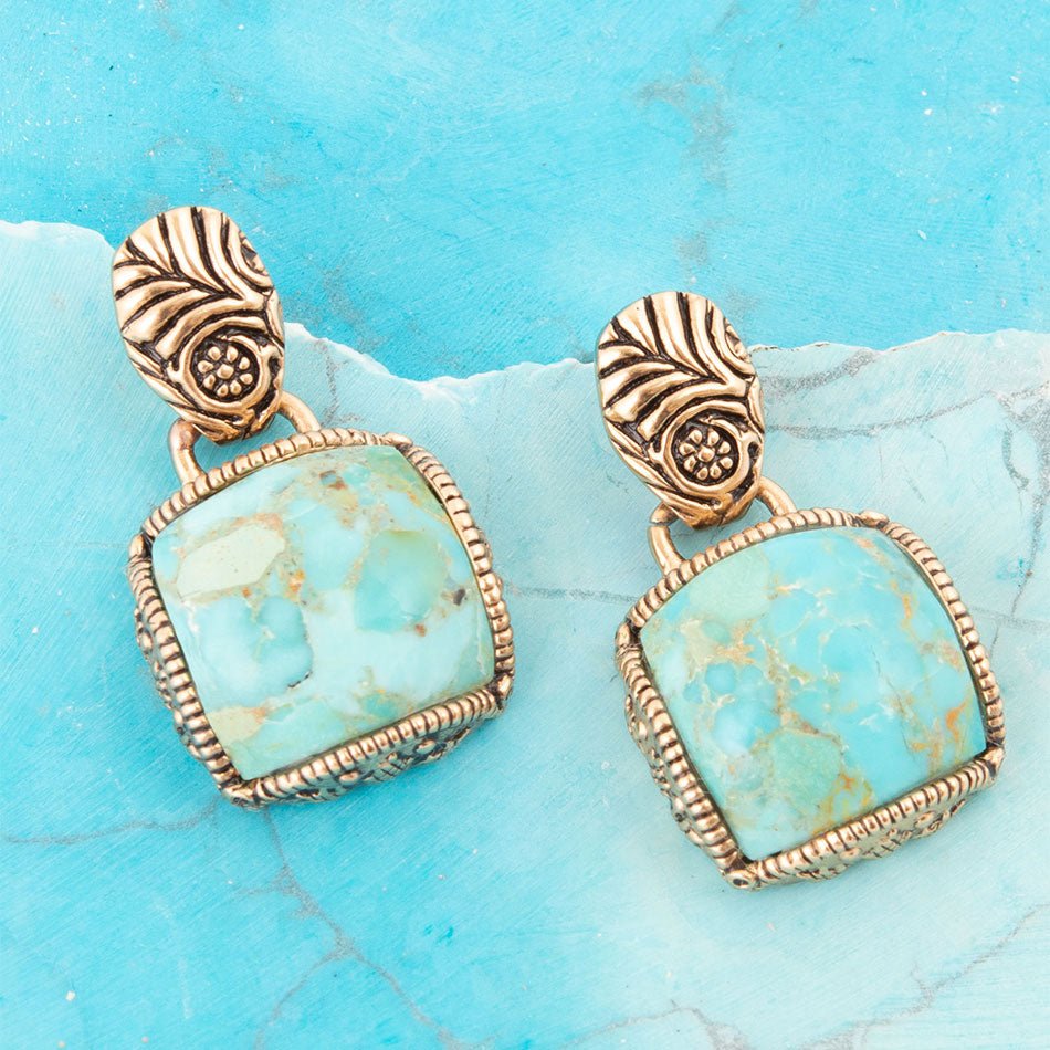 Carved Blue Turquoise Golden Drop Earrings | Earrings | Wiccan Center