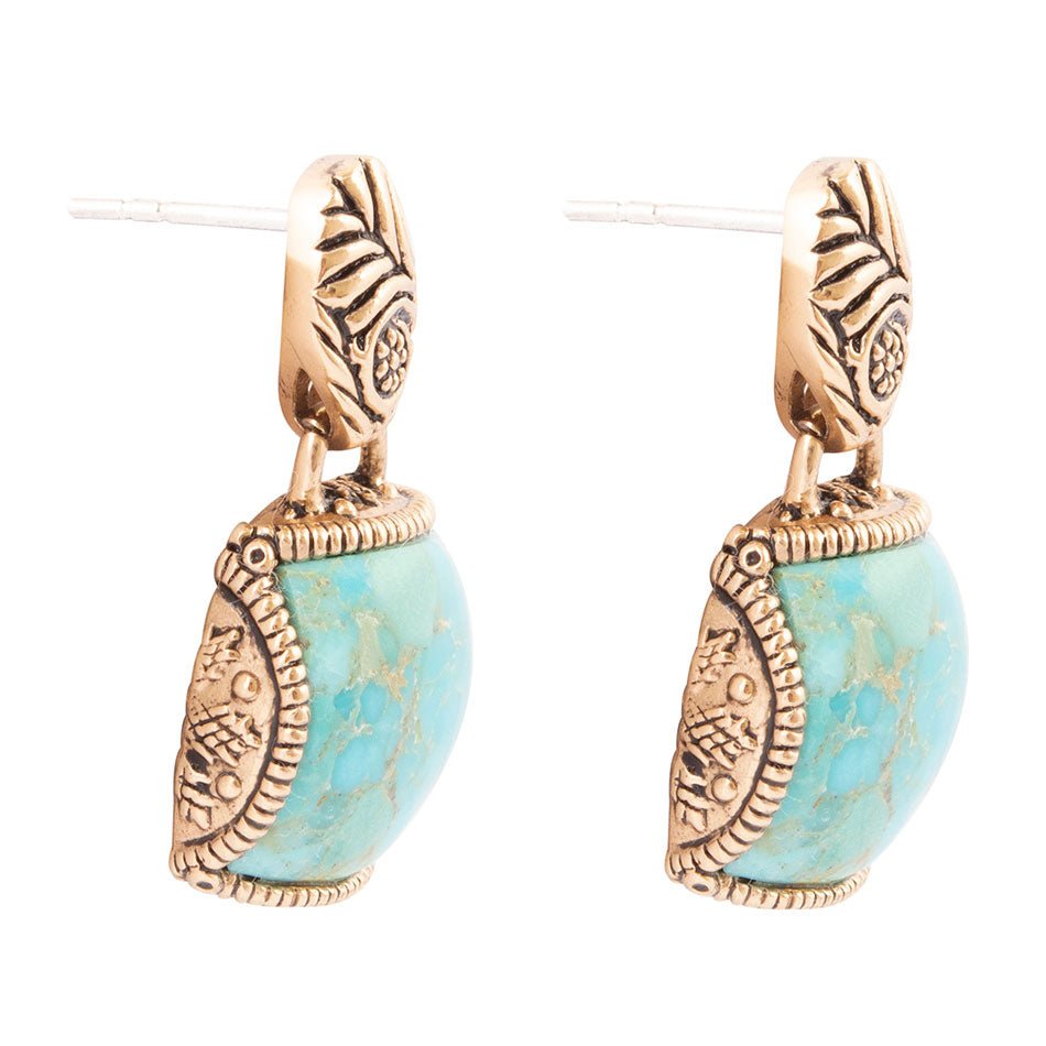 Carved Blue Turquoise Golden Drop Earrings | Earrings | Wiccan Center