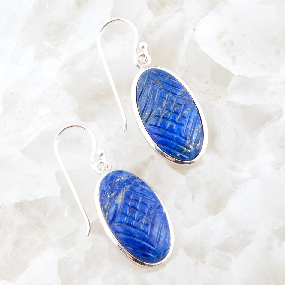 Carved Blue Lapis Sterling Silver Drop Earrings | Earrings | Wiccan Center