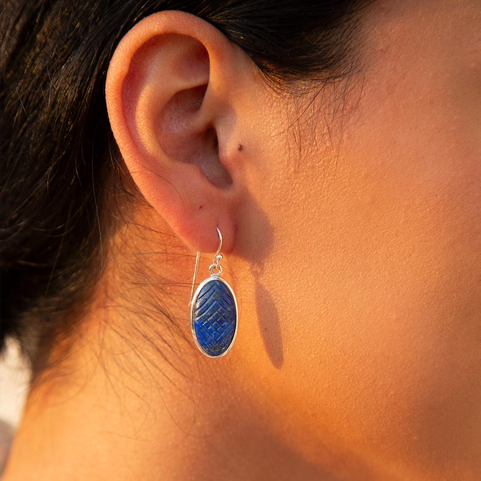 Carved Blue Lapis Sterling Silver Drop Earrings | Earrings | Wiccan Center