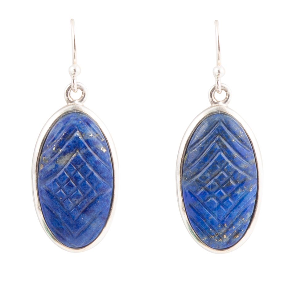 Carved Blue Lapis Sterling Silver Drop Earrings | Earrings | Wiccan Center