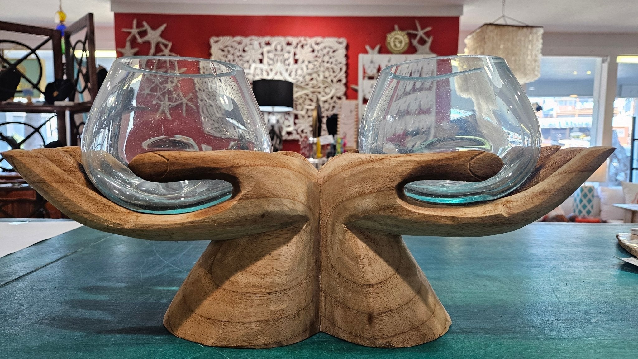 Carved Wooden Hand and Molten Glass Terrarium | | Wiccan Center