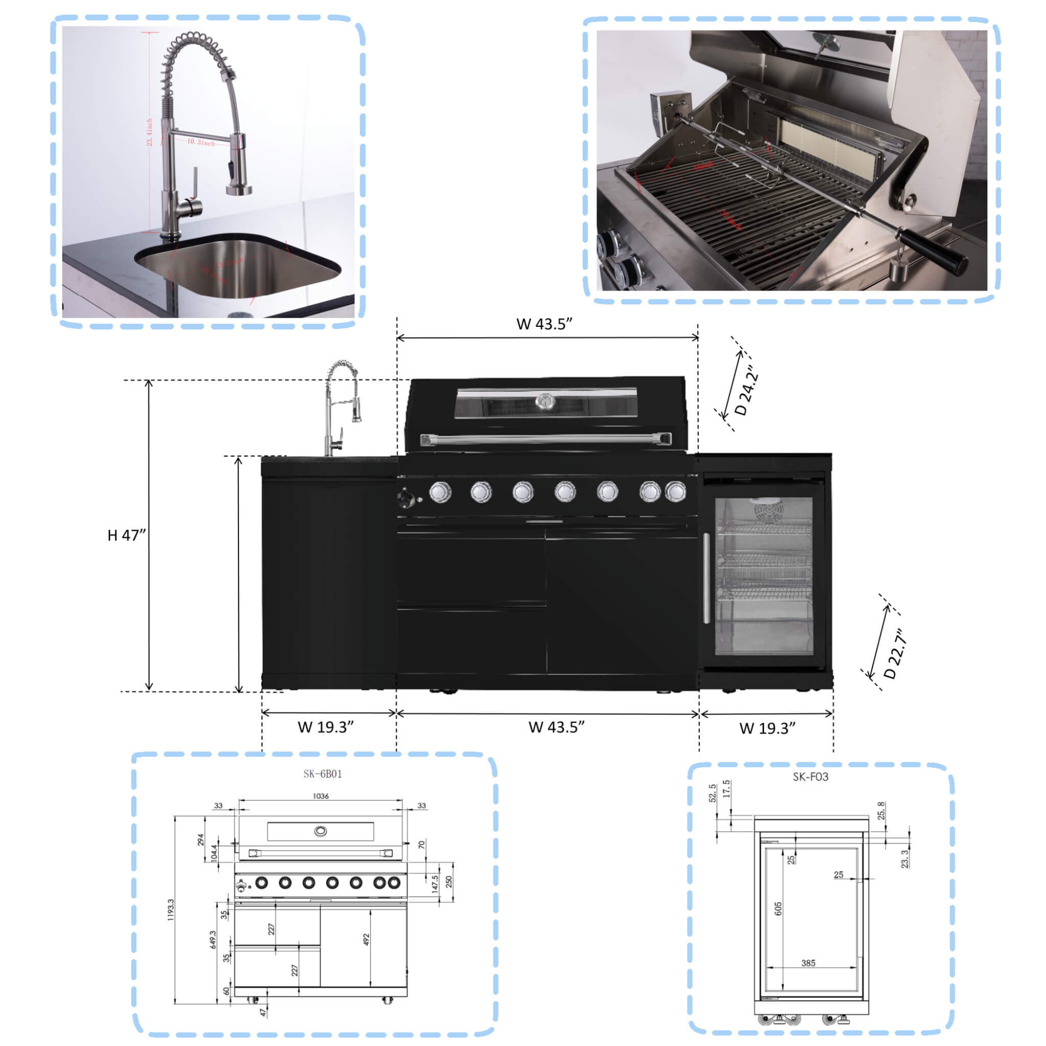 Castelle Flame Avalon 85K BTU Outdoor BBQ Liquid Propane Kitchen Grill Island With 43-Inch 6-Burner Grill, Wine Fridge, Rotisserie Kit, And Sink (SAK23864) | Outdoor Kitchen Islands | Wiccan Center