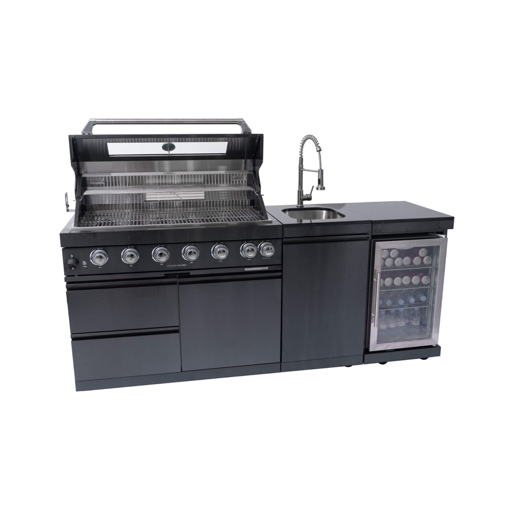 Castelle Flame Avalon 85K BTU Outdoor BBQ Liquid Propane Kitchen Grill Island With 43-Inch 6-Burner Grill, Wine Fridge, Rotisserie Kit, And Sink (SAK23864) | Outdoor Kitchen Islands | Wiccan Center
