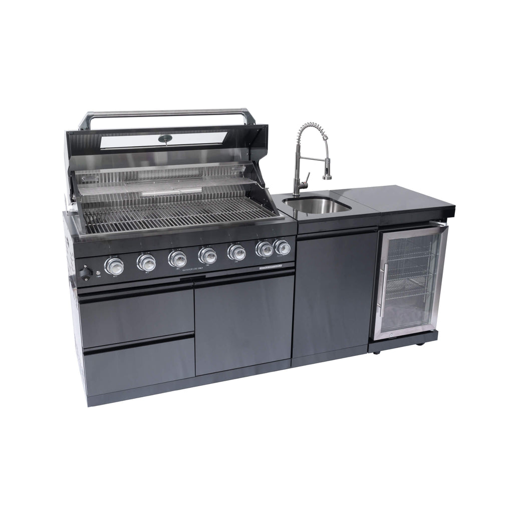 Castelle Flame Avalon 85K BTU Outdoor BBQ Liquid Propane Kitchen Grill Island With 43-Inch 6-Burner Grill, Wine Fridge, Rotisserie Kit, And Sink (SAK23864) | Outdoor Kitchen Islands | Wiccan Center