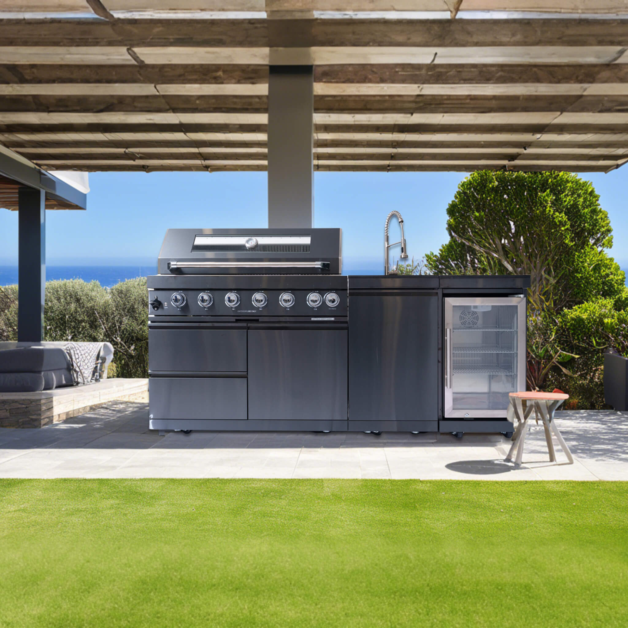 Castelle Flame Avalon 85K BTU Outdoor BBQ Liquid Propane Kitchen Grill Island With 43-Inch 6-Burner Grill, Wine Fridge, Rotisserie Kit, And Sink (SAK23864) | Outdoor Kitchen Islands | Wiccan Center