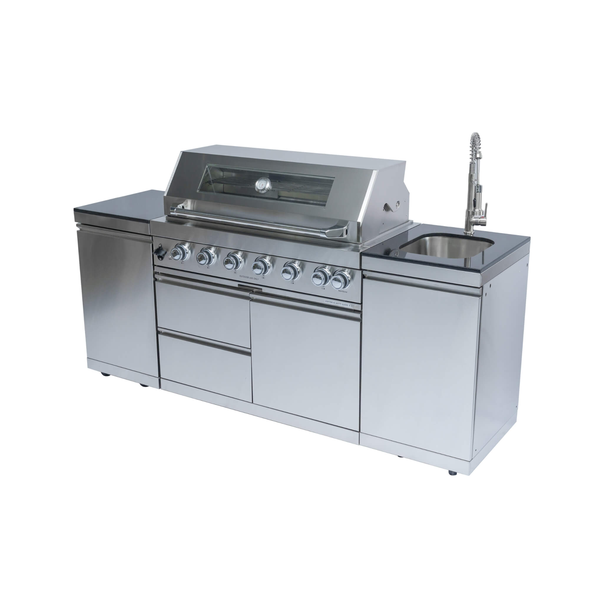 Castelle Flame Valmont 85K BTU Outdoor BBQ Kitchen Grill Island With 43-Inch 6-Burner Grill, Granite Countertops, Rotisserie Kit, Cabinets, And Sink (SAK73518) | Outdoor Kitchen Islands | Wiccan Center