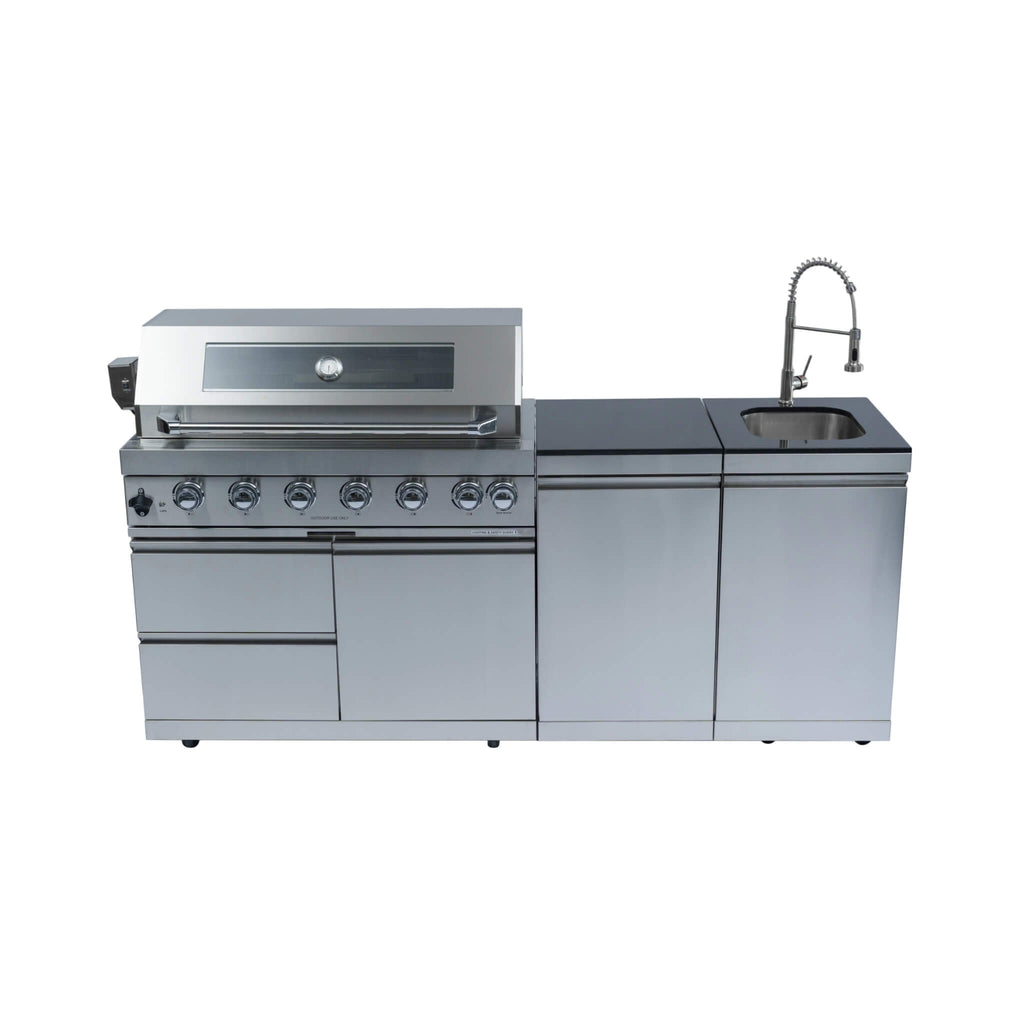 Castelle Flame Valmont 85K BTU Outdoor BBQ Kitchen Grill Island With 43-Inch 6-Burner Grill, Granite Countertops, Rotisserie Kit, Cabinets, And Sink (SAK73518) | Outdoor Kitchen Islands | Wiccan Center