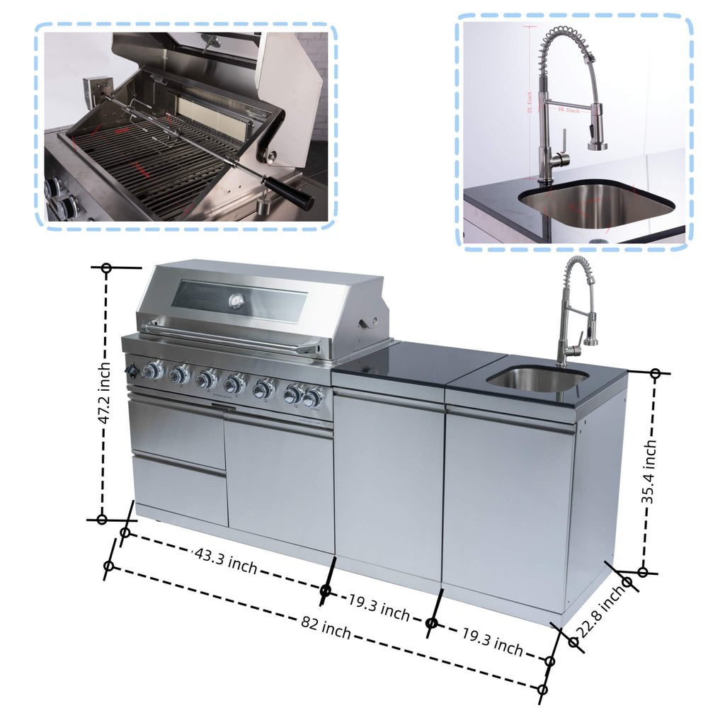 Castelle Flame Valmont 85K BTU Outdoor BBQ Kitchen Grill Island With 43-Inch 6-Burner Grill, Granite Countertops, Rotisserie Kit, Cabinets, And Sink (SAK73518) | Outdoor Kitchen Islands | Wiccan Center