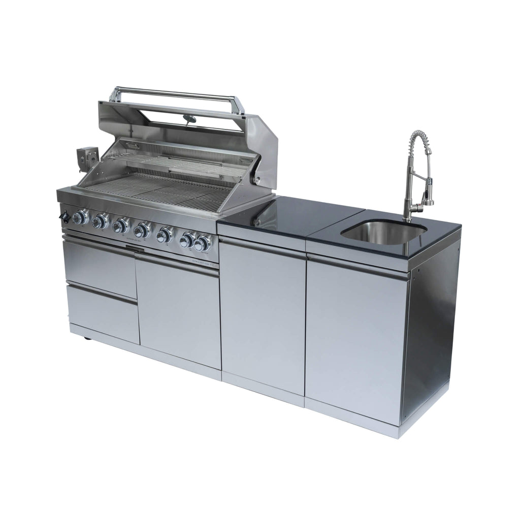 Castelle Flame Valmont 85K BTU Outdoor BBQ Kitchen Grill Island With 43-Inch 6-Burner Grill, Granite Countertops, Rotisserie Kit, Cabinets, And Sink (SAK73518) | Outdoor Kitchen Islands | Wiccan Center
