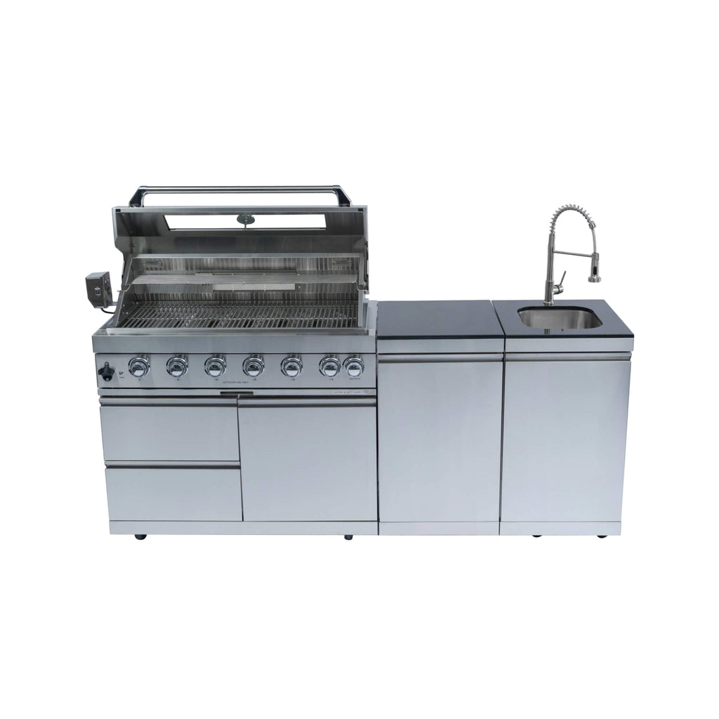 Castelle Flame Valmont 85K BTU Outdoor BBQ Kitchen Grill Island With 43-Inch 6-Burner Grill, Granite Countertops, Rotisserie Kit, Cabinets, And Sink (SAK73518) | Outdoor Kitchen Islands | Wiccan Center
