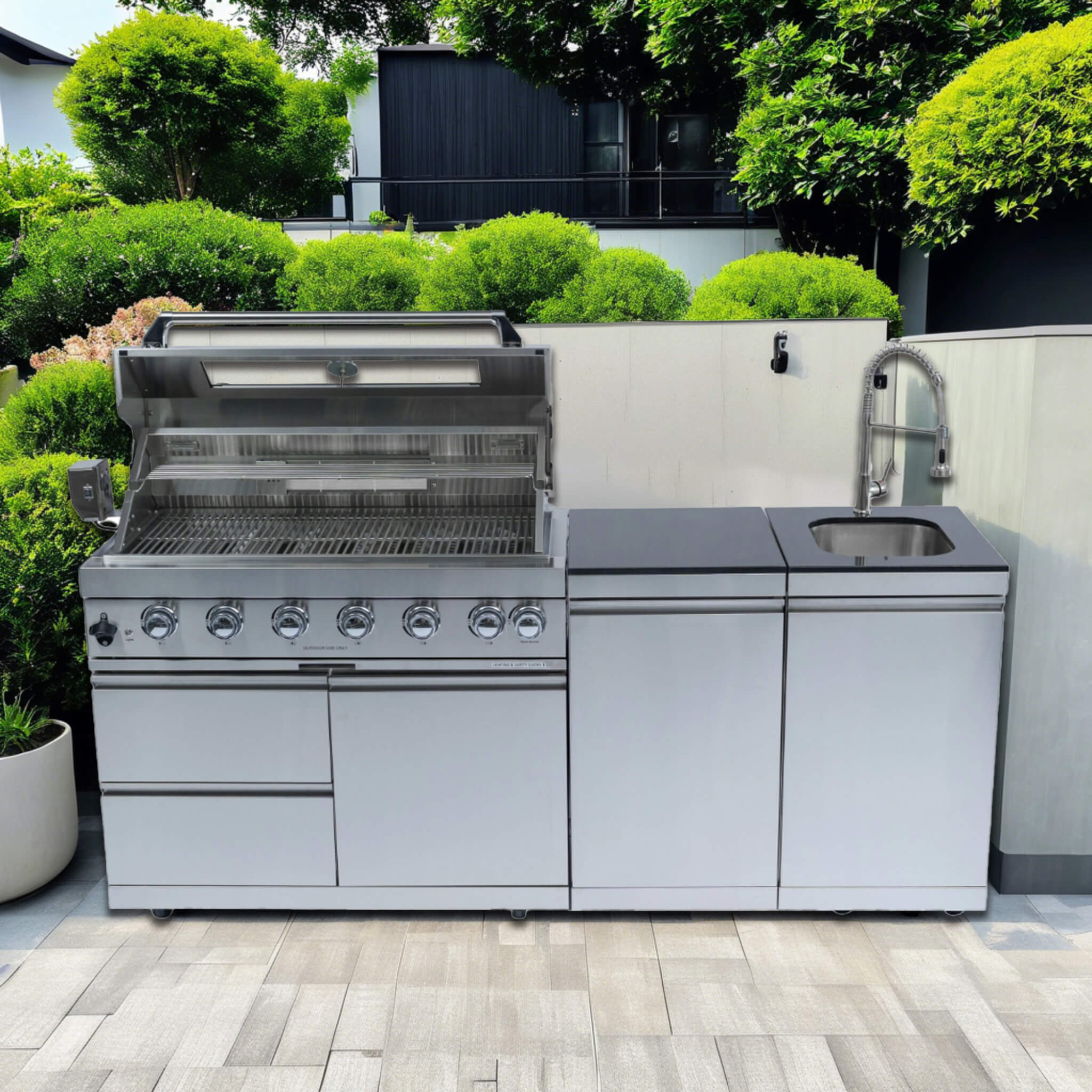 Castelle Flame Valmont 85K BTU Outdoor BBQ Kitchen Grill Island With 43-Inch 6-Burner Grill, Granite Countertops, Rotisserie Kit, Cabinets, And Sink (SAK73518) | Outdoor Kitchen Islands | Wiccan Center