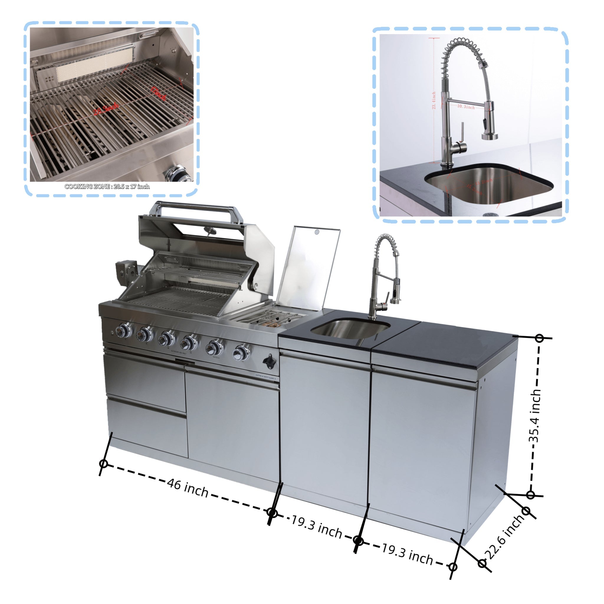 Castelle Flame Aurelia 72K BTU Stainless Steel Outdoor BBQ Kitchen Grill Island With 46-Inch 4-Burner 85K BTU Grill, Rotisserie Kit, And Cabinets (SAK93192) | Outdoor Kitchen Islands | Wiccan Center