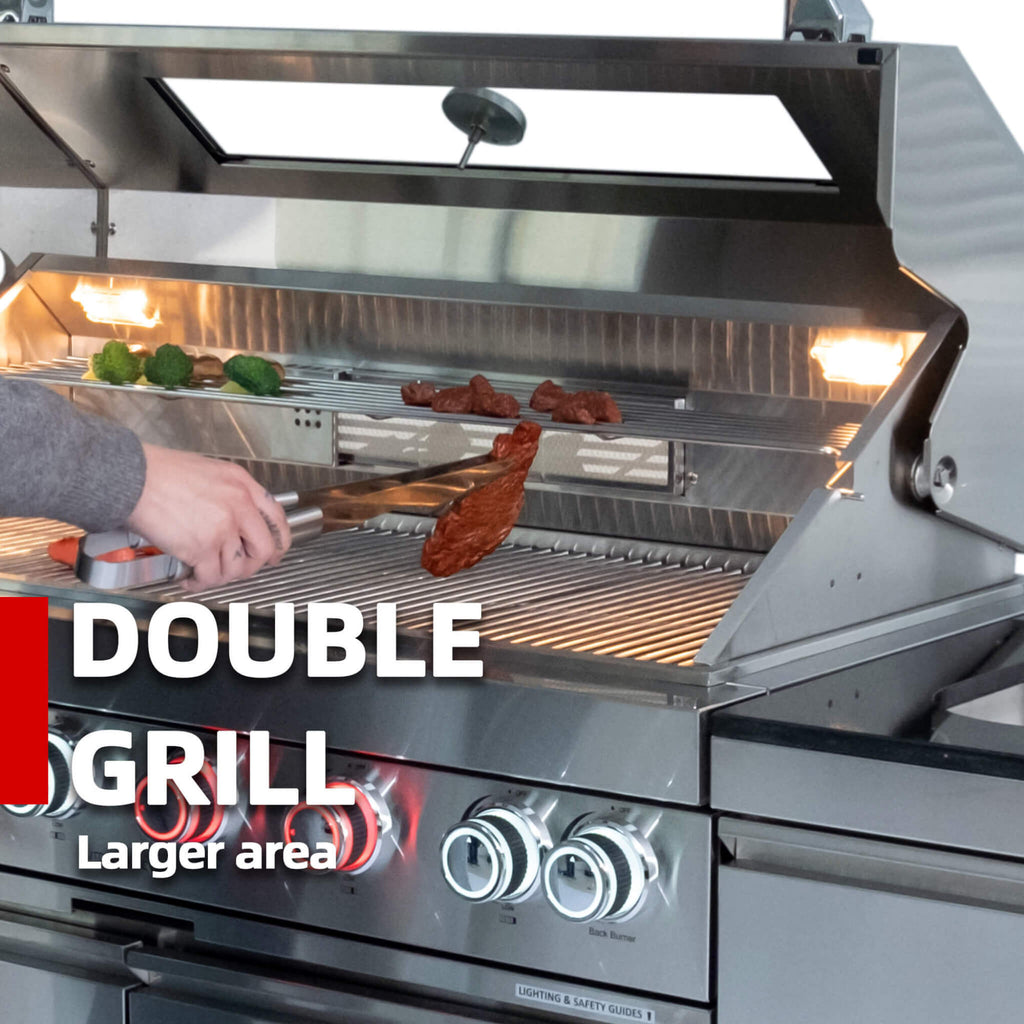 Castelle Flame Aurelia 72K BTU Stainless Steel Outdoor BBQ Kitchen Grill Island With 46-Inch 4-Burner 85K BTU Grill, Rotisserie Kit, And Cabinets (SAK93192) | Outdoor Kitchen Islands | Wiccan Center