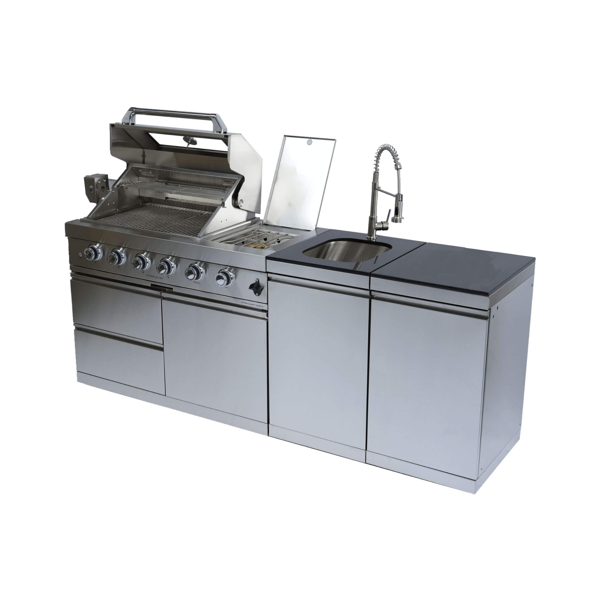Castelle Flame Aurelia 72K BTU Stainless Steel Outdoor BBQ Kitchen Grill Island With 46-Inch 4-Burner 85K BTU Grill, Rotisserie Kit, And Cabinets (SAK93192) | Outdoor Kitchen Islands | Wiccan Center