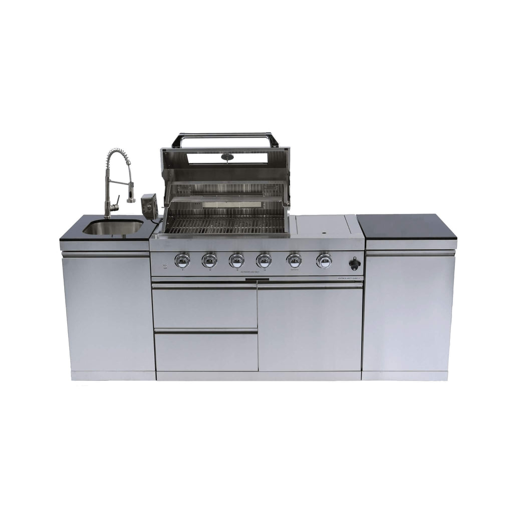 Castelle Flame Aurelia 72K BTU Stainless Steel Outdoor BBQ Kitchen Grill Island With 46-Inch 4-Burner 85K BTU Grill, Rotisserie Kit, And Cabinets (SAK93192) | Outdoor Kitchen Islands | Wiccan Center