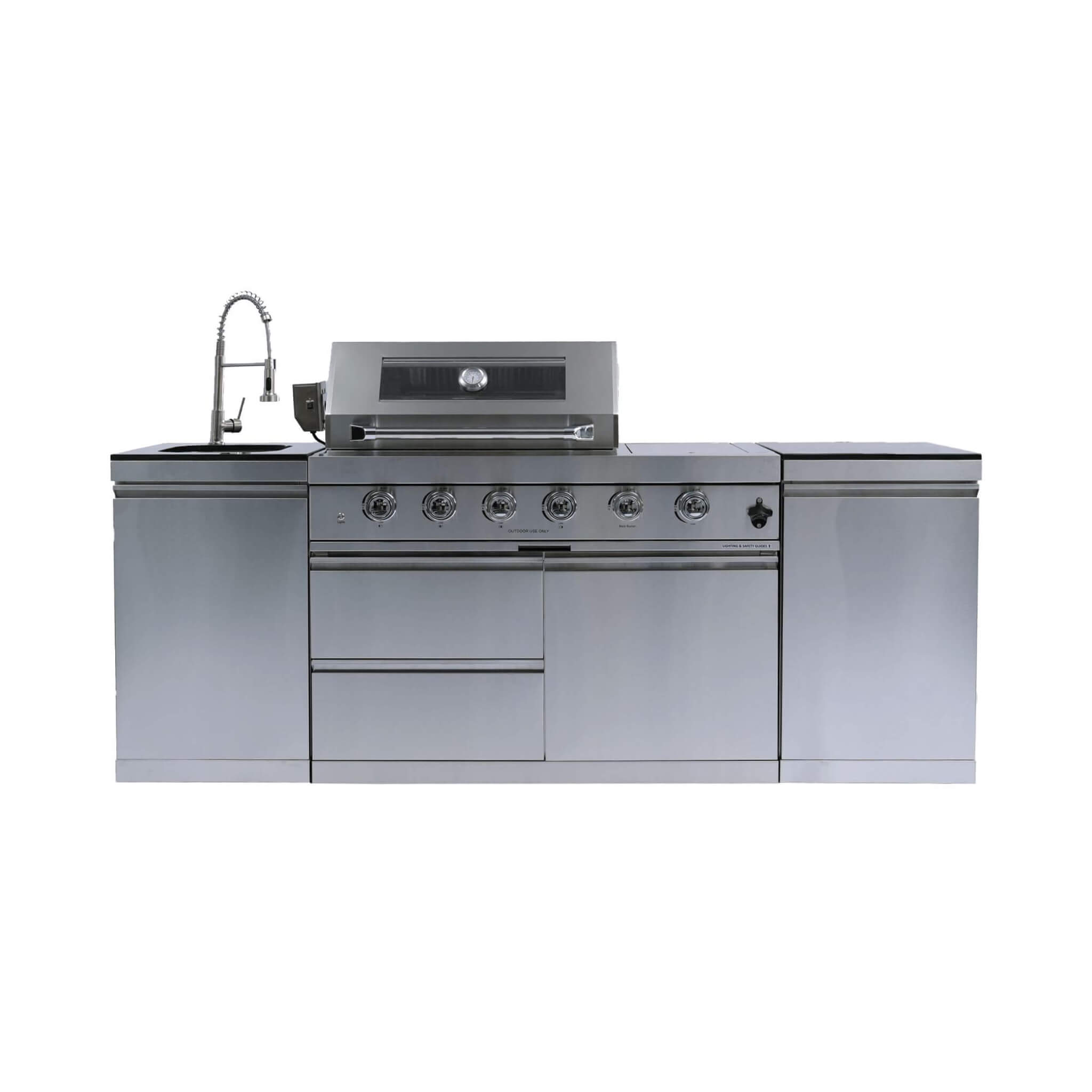 Castelle Flame Aurelia 72K BTU Stainless Steel Outdoor BBQ Kitchen Grill Island With 46-Inch 4-Burner 85K BTU Grill, Rotisserie Kit, And Cabinets (SAK93192) | Outdoor Kitchen Islands | Wiccan Center