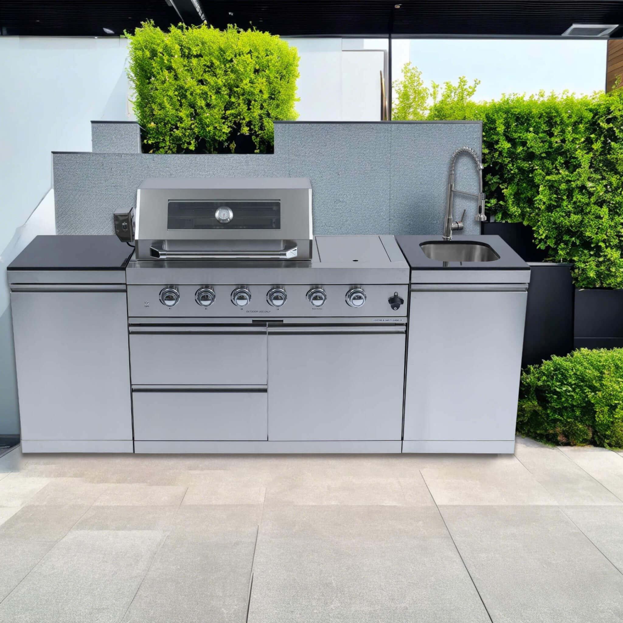 Castelle Flame Aurelia 72K BTU Stainless Steel Outdoor BBQ Kitchen Grill Island With 46-Inch 4-Burner 85K BTU Grill, Rotisserie Kit, And Cabinets (SAK93192) | Outdoor Kitchen Islands | Wiccan Center