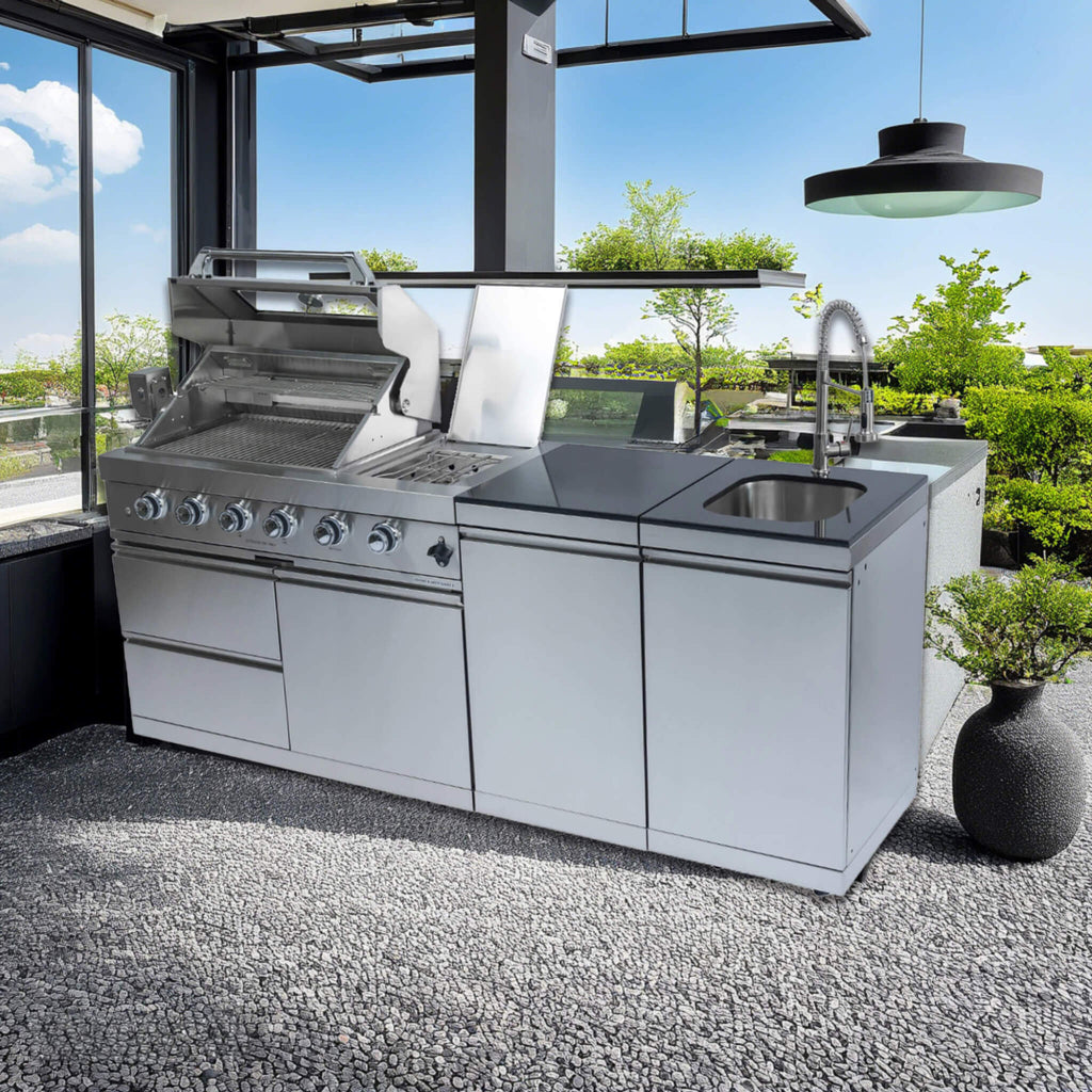 Castelle Flame Aurelia 72K BTU Stainless Steel Outdoor BBQ Kitchen Grill Island With 46-Inch 4-Burner 85K BTU Grill, Rotisserie Kit, And Cabinets (SAK93192) | Outdoor Kitchen Islands | Wiccan Center