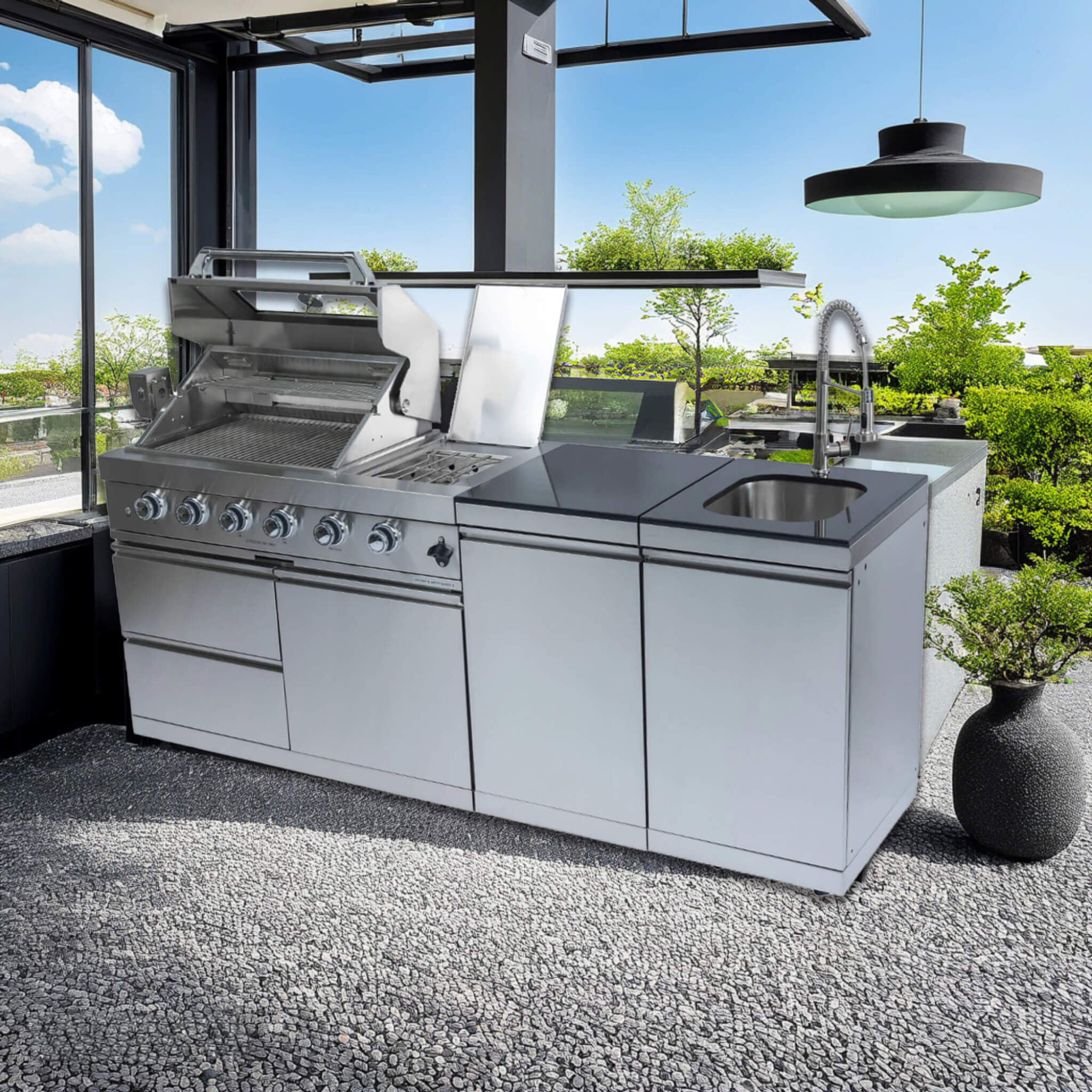 Castelle Flame Aurelia 72K BTU Stainless Steel Outdoor BBQ Kitchen Grill Island With 46-Inch 4-Burner 85K BTU Grill, Rotisserie Kit, And Cabinets (SAK93192) | Outdoor Kitchen Islands | Wiccan Center