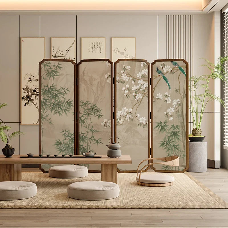 Zen Wood Folding Screen Partition | Floral & Bird Room Divider | Accents > Room Divider Screens | Wiccan Center