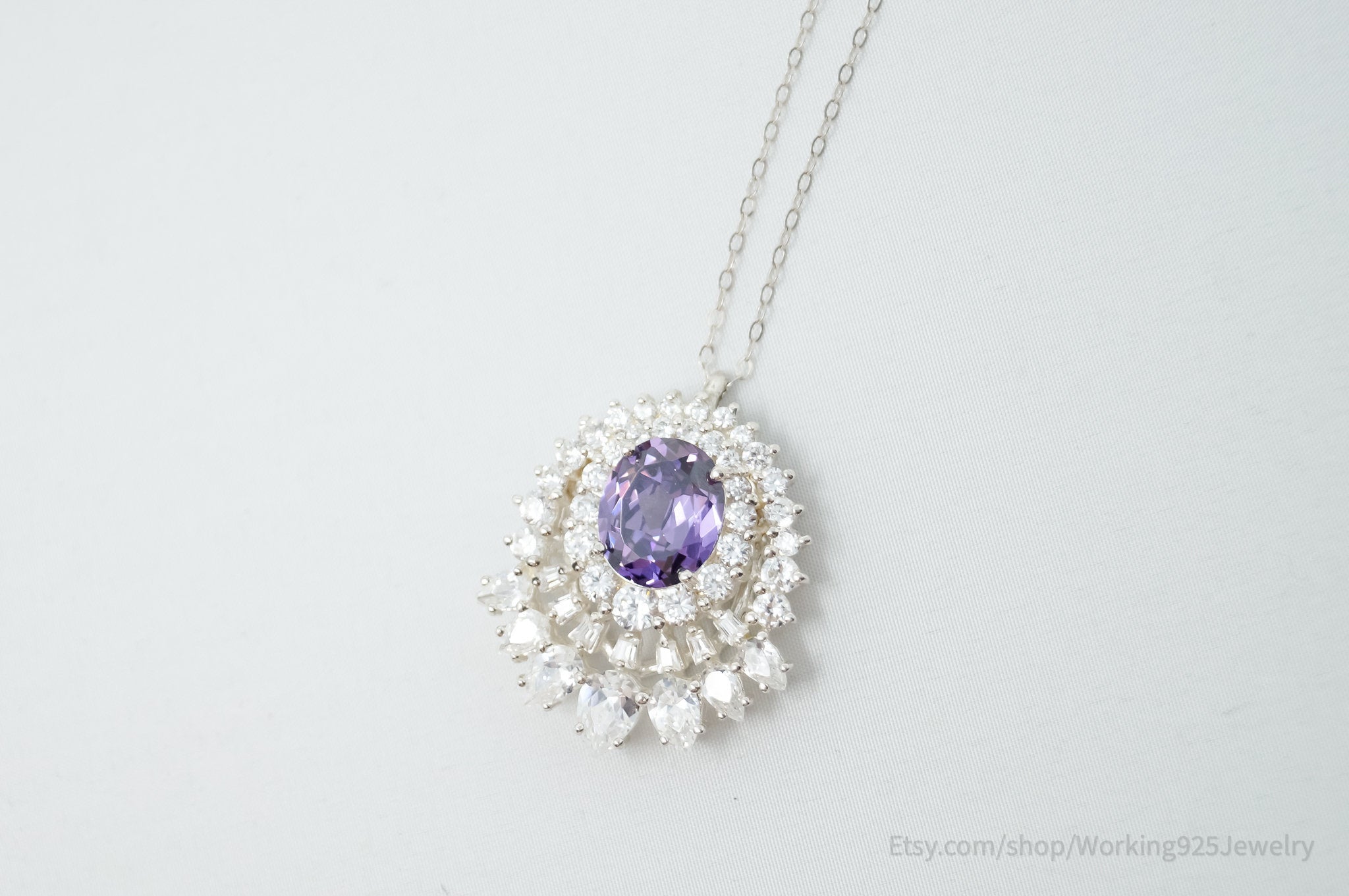 Vintage Amethyst CZ Art Deco Sterling Silver Long Chain Necklace | Jewelry > Necklaces > Pendants | Wiccan Center