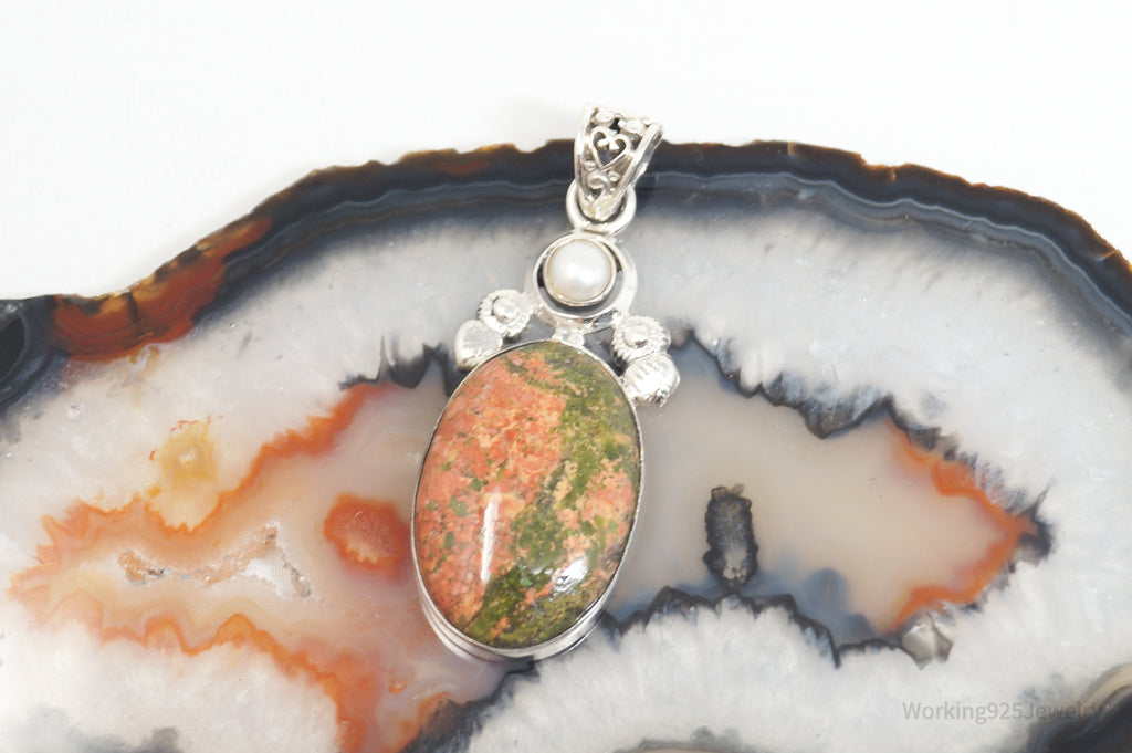 Vintage Large Green Orange Unakite Jasper Pearl Sterling Silver Necklace Pendant | Jewelry > Necklaces > Pendants | Wiccan Center
