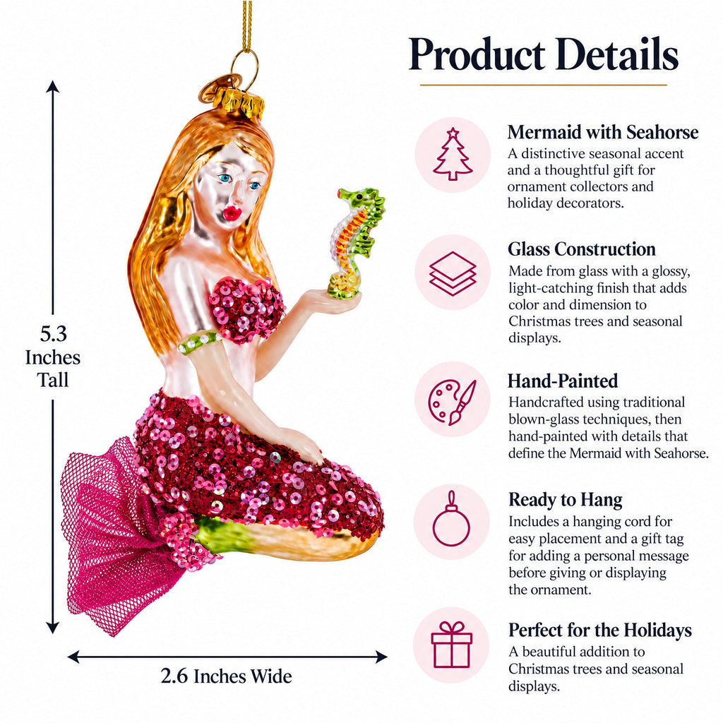 Mermaid with Seahorse Glass Christmas Ornament | Christmas Ornaments > Fairy Tales | Wiccan Center