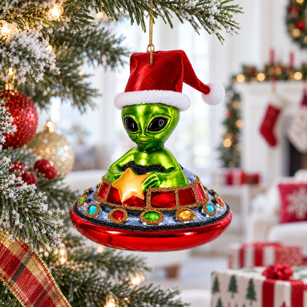 Santa Alien in UFO Glass Christmas Ornament | Christmas Ornaments > Space | Wiccan Center