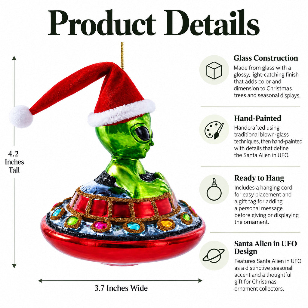 Santa Alien in UFO Glass Christmas Ornament | Christmas Ornaments > Space | Wiccan Center