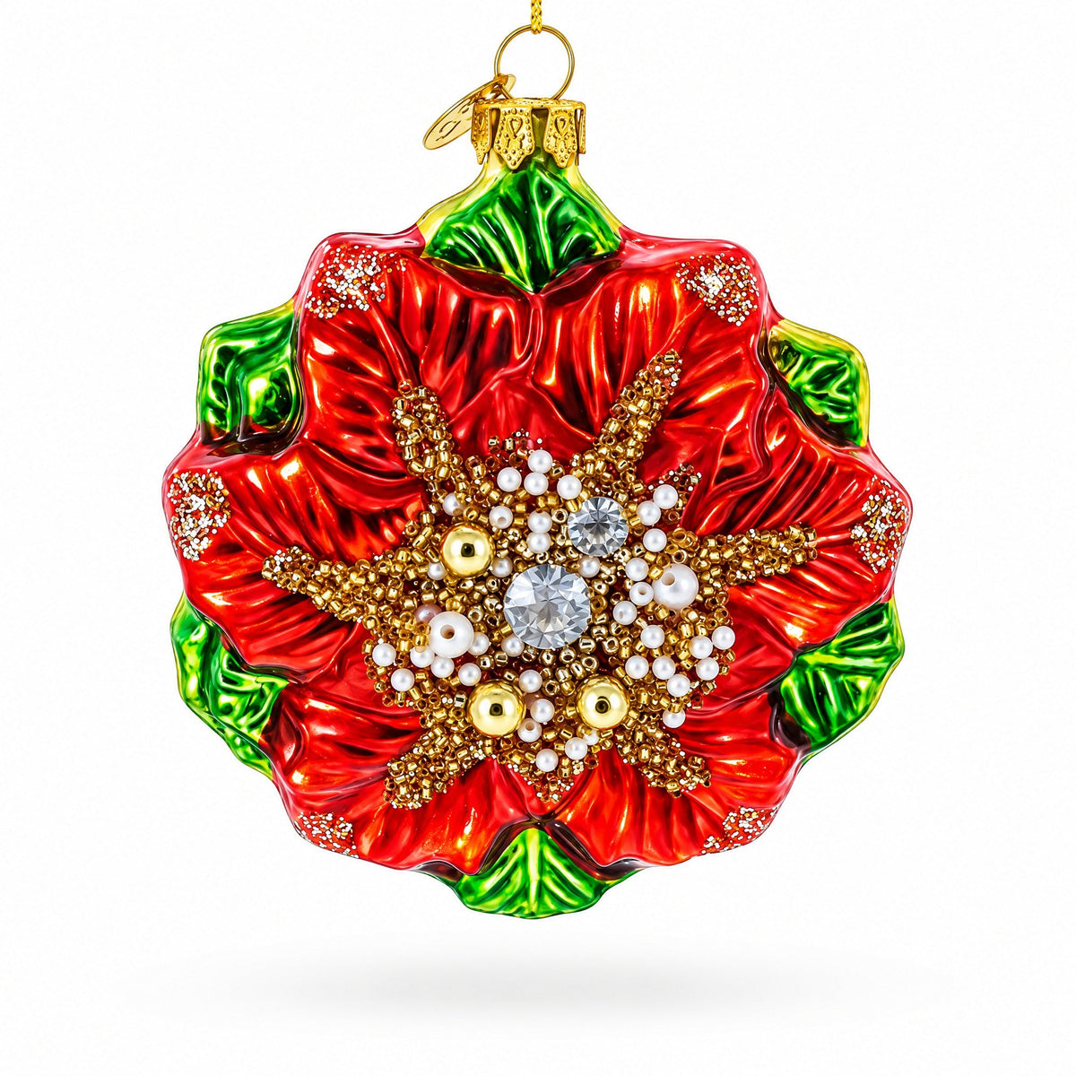 Poinsettia with Mother of Pearls Glass Christmas Ornament | Christmas Ornaments > Flowers | Wiccan Center