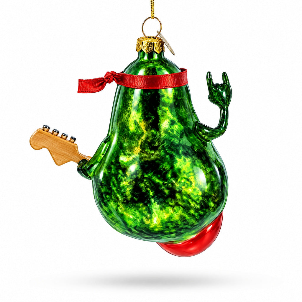 Musical Avocado Strumming a Guitar Glass Christmas Ornament | Christmas Ornaments > Food > Fruits and Vegetables | Wiccan Center