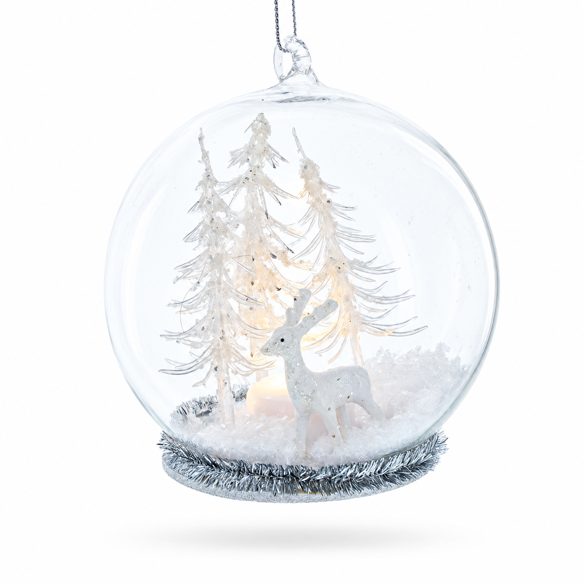 Winter Forest Snow Globe with White Deer Glass Christmas Ornament | Christmas Ornaments > Religious | Wiccan Center