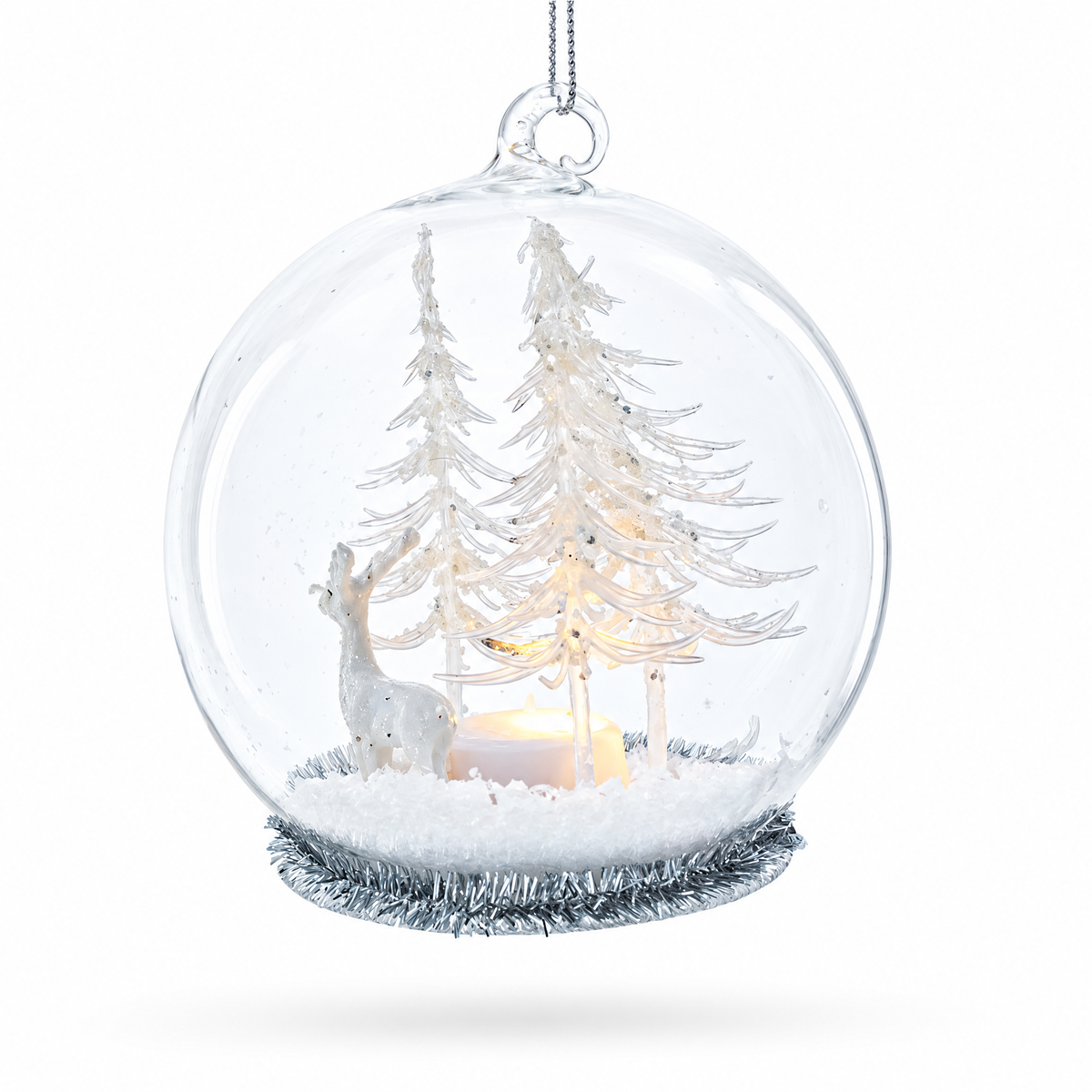 Winter Forest Snow Globe with White Deer Glass Christmas Ornament | Christmas Ornaments > Religious | Wiccan Center