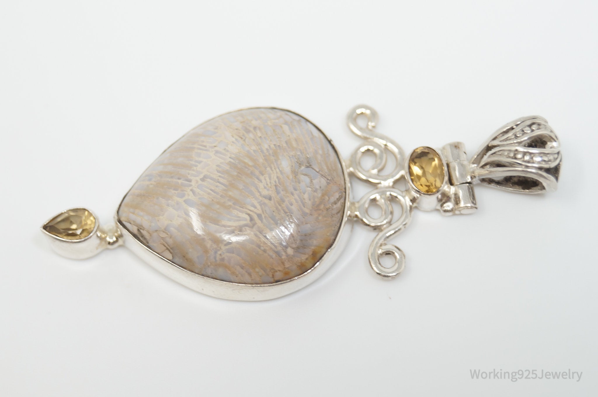 Vintage Large Cream Gemstone Citrine Scroll Sterling Silver Necklace Pendant | Jewelry > Necklaces > Pendants | Wiccan Center