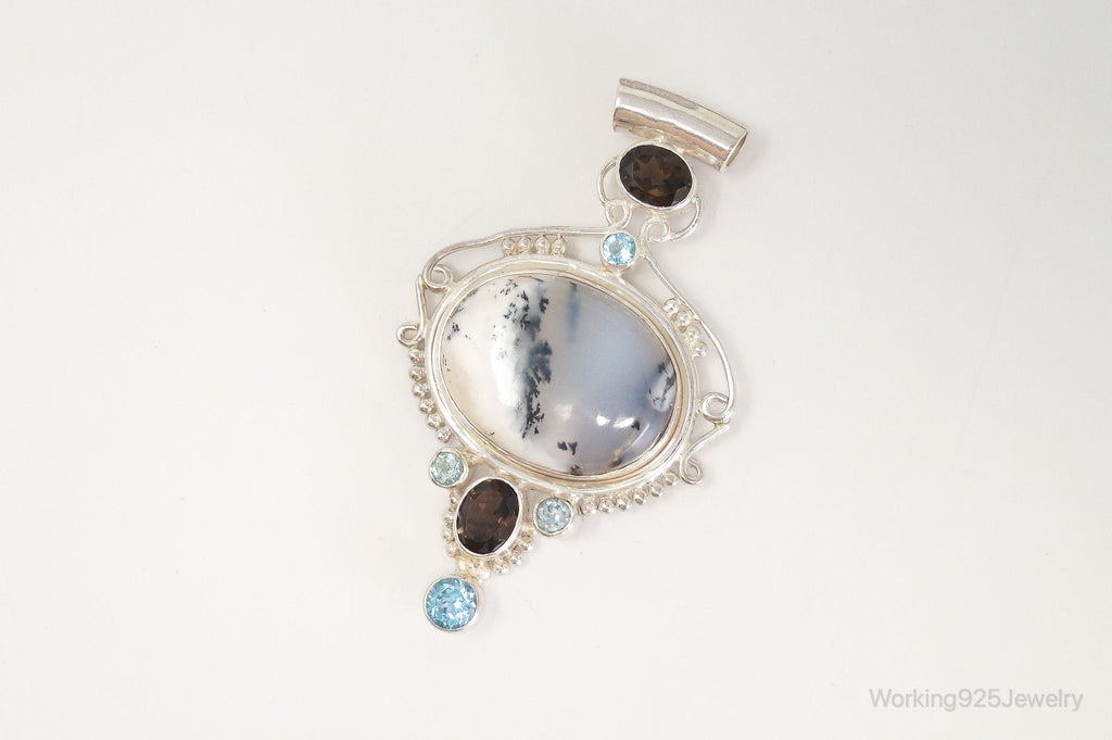Large SAJEN Dendritic Agate Smoky Topaz Blue Topaz Sterling Silver Pendant | Jewelry > Necklaces > Pendants | Wiccan Center