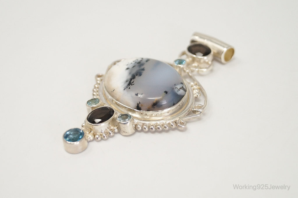 Large SAJEN Dendritic Agate Smoky Topaz Blue Topaz Sterling Silver Pendant | Jewelry > Necklaces > Pendants | Wiccan Center