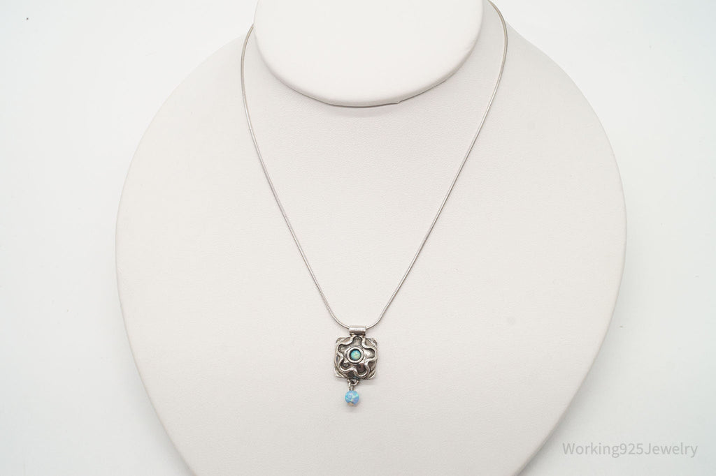 Vintage Flower Blue Fire Opal Hammered Style Sterling Silver Necklace | Jewelry > Necklaces | Wiccan Center