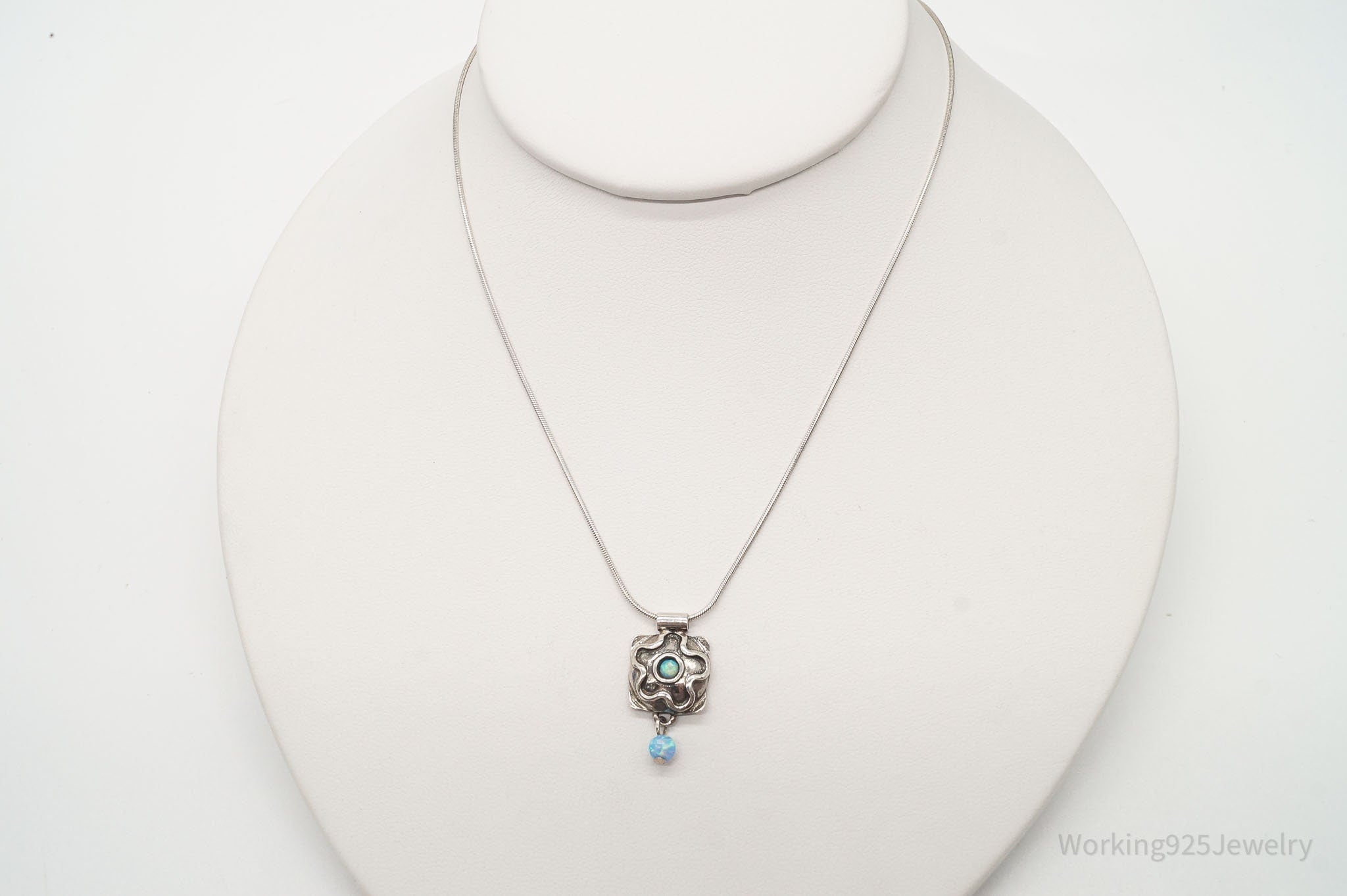 Vintage Flower Blue Fire Opal Hammered Style Sterling Silver Necklace | Jewelry > Necklaces | Wiccan Center