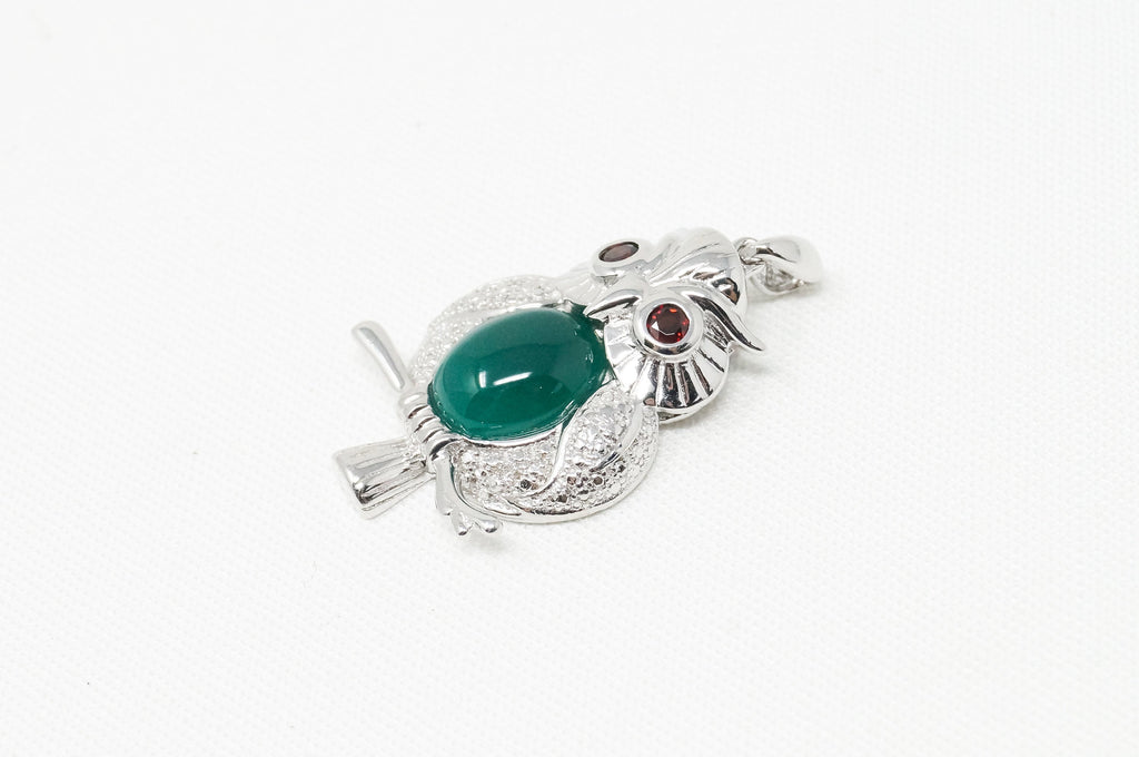 Vintage Green Chalcedony Garnet Wise Owl Sterling Silver Pendant Necklace | Jewelry > Necklaces > Pendants | Wiccan Center