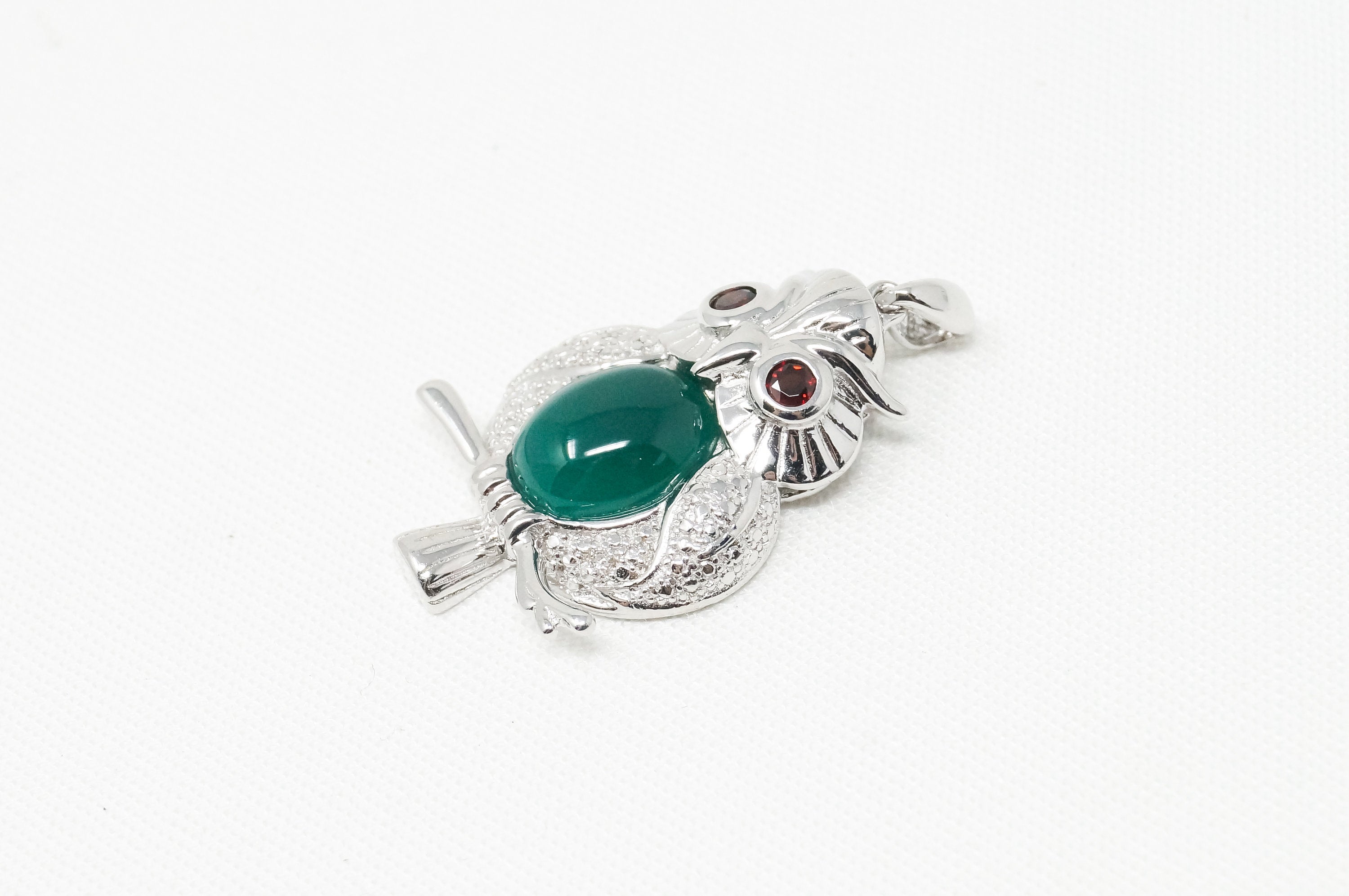Vintage Green Chalcedony Garnet Wise Owl Sterling Silver Pendant Necklace | Jewelry > Necklaces > Pendants | Wiccan Center