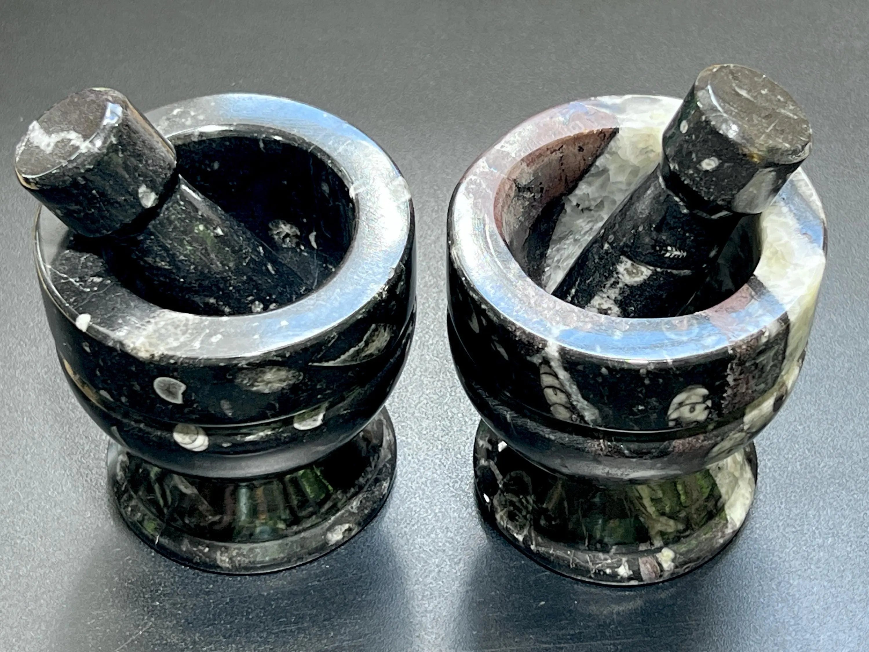 Orthoceras Mortar and Pestle Set (Mortar + Pestle) Polished Black Fossil Stone Carving Grinder Mixer | Home & Living > Kitchen & Dining > Cookware > Cooking Utensils & Gadgets | Wiccan Center