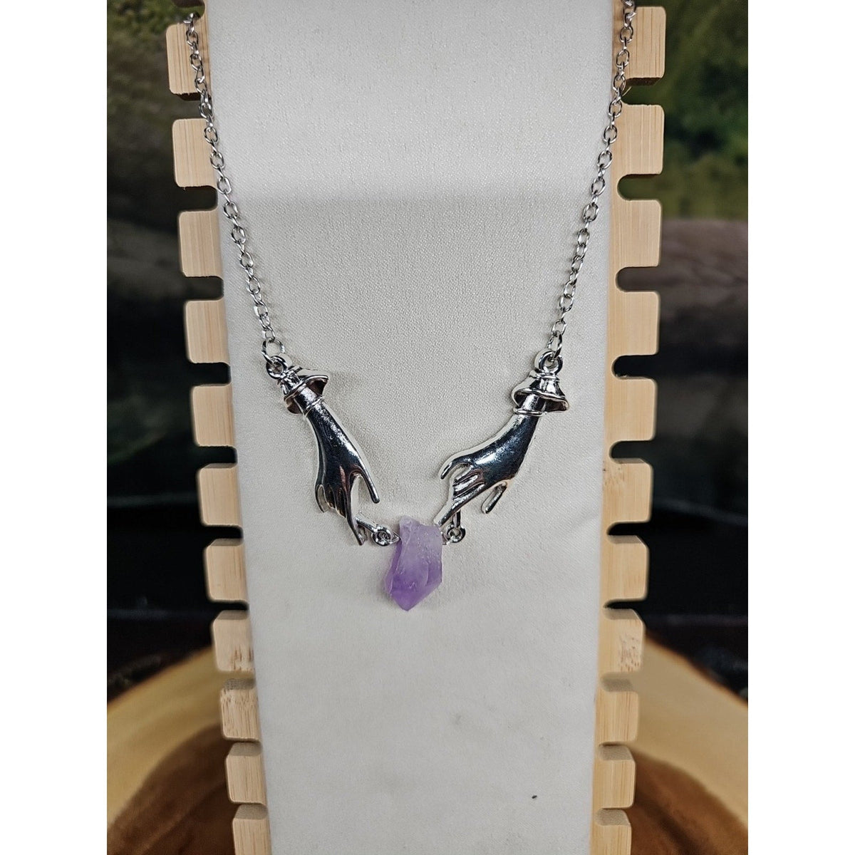 Amethyst Crystal Necklace 16in Stainless Steel