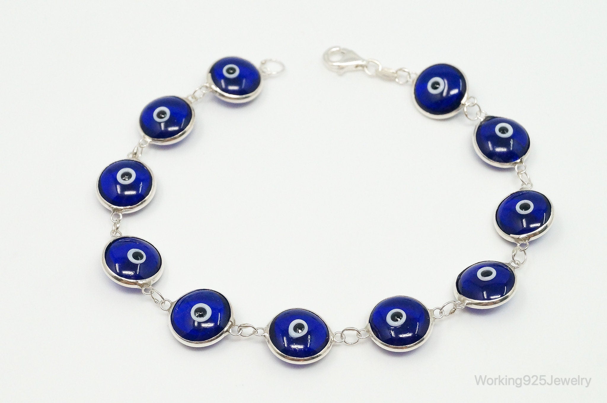 Vintage Blue Glass Eye Sterling Silver Link Bracelet | Jewelry > Bracelets | Wiccan Center