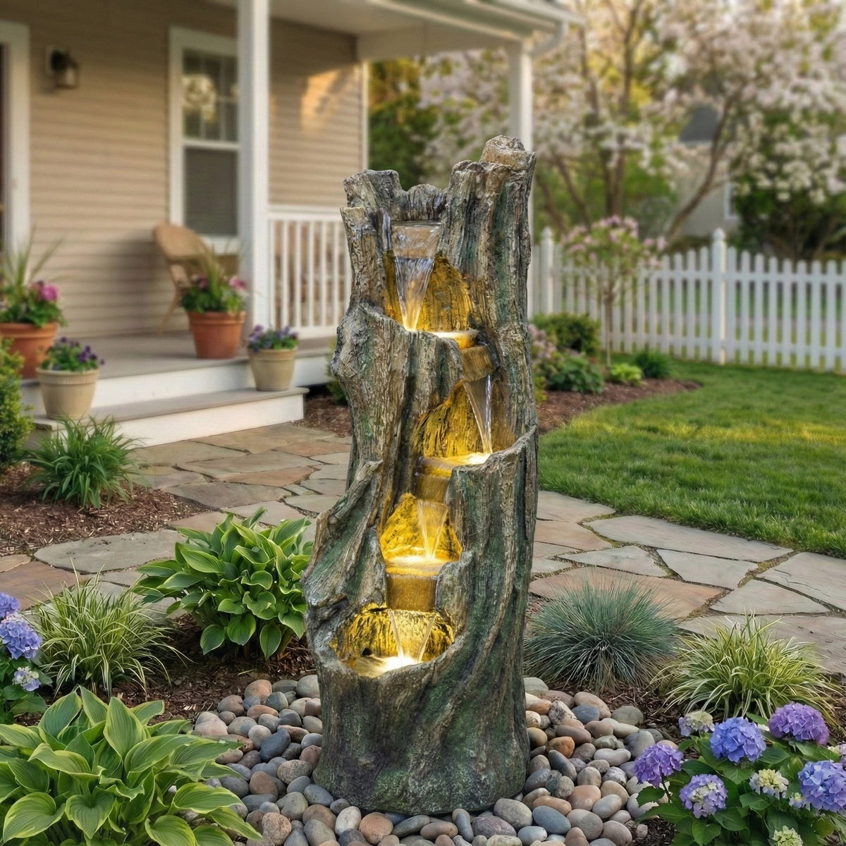 Resin Tree Trunk Outdoor Fountain 39 Inch with LED