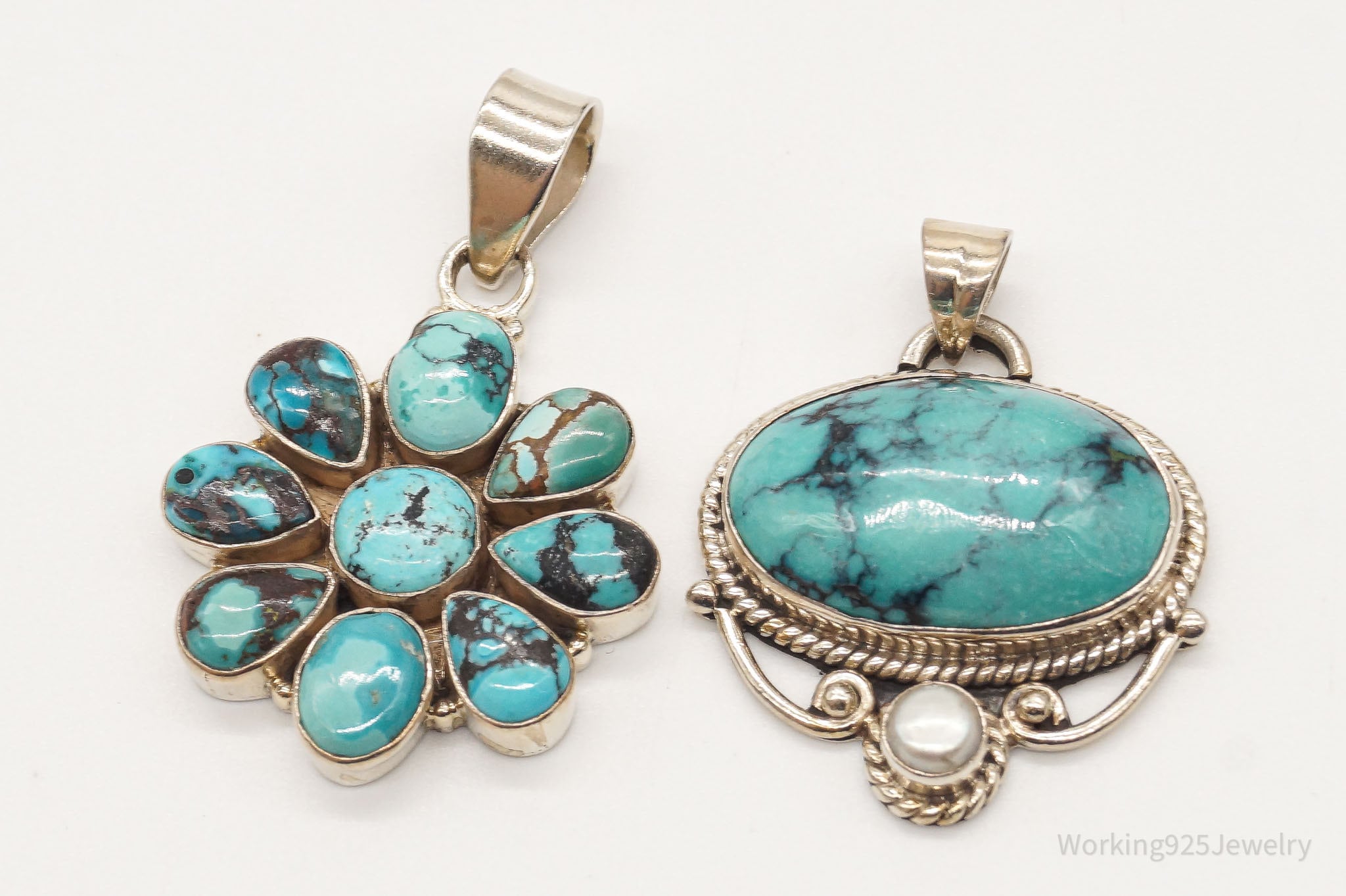 Vintage Turquoise Pearl Bali Style Sterling Silver Pendant Set | Jewelry > Necklaces > Pendants | Wiccan Center