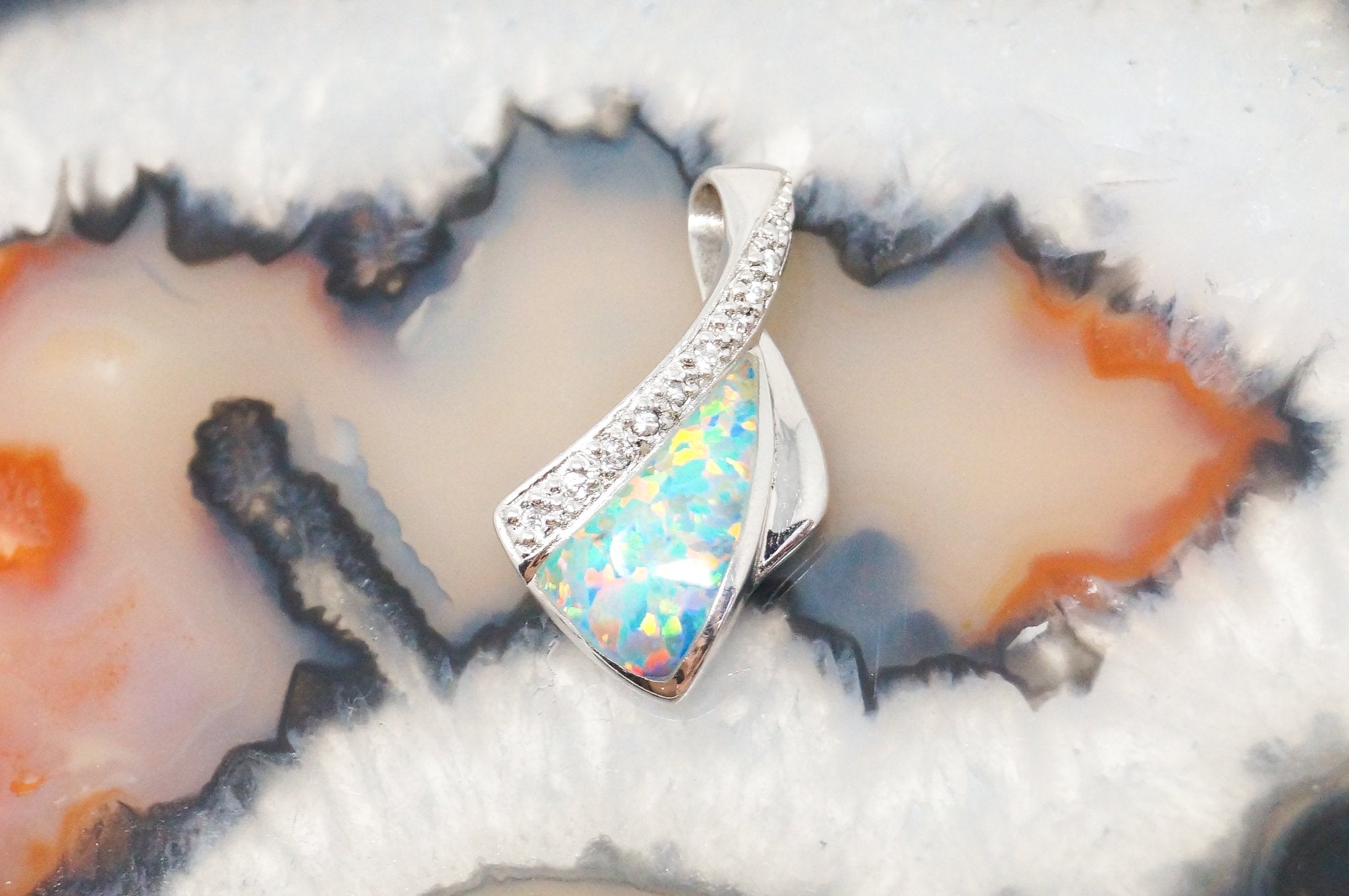 Vintage Designer AK Art Deco Fire Opal CZ Sterling Silver Necklace Pendant | Jewelry > Necklaces > Pendants | Wiccan Center