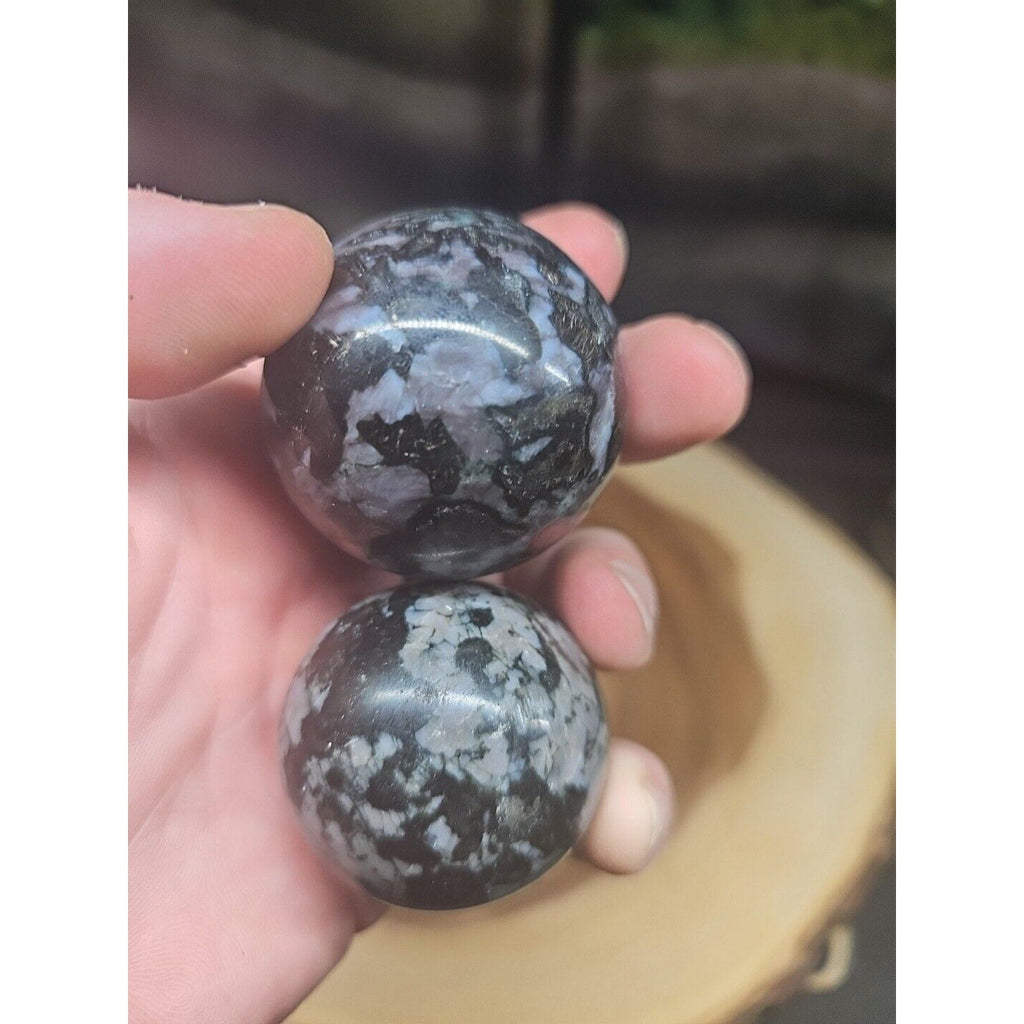 Black Flower of Fog Jasper Quartz Crystal Sphere Pair — 40mm, Madagascar | CrystalCloud Company